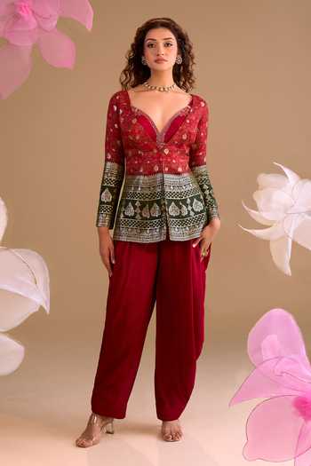 Samyukta Singhania Maroon Hand Embroidered Jacket & Dhoti Pant Set 