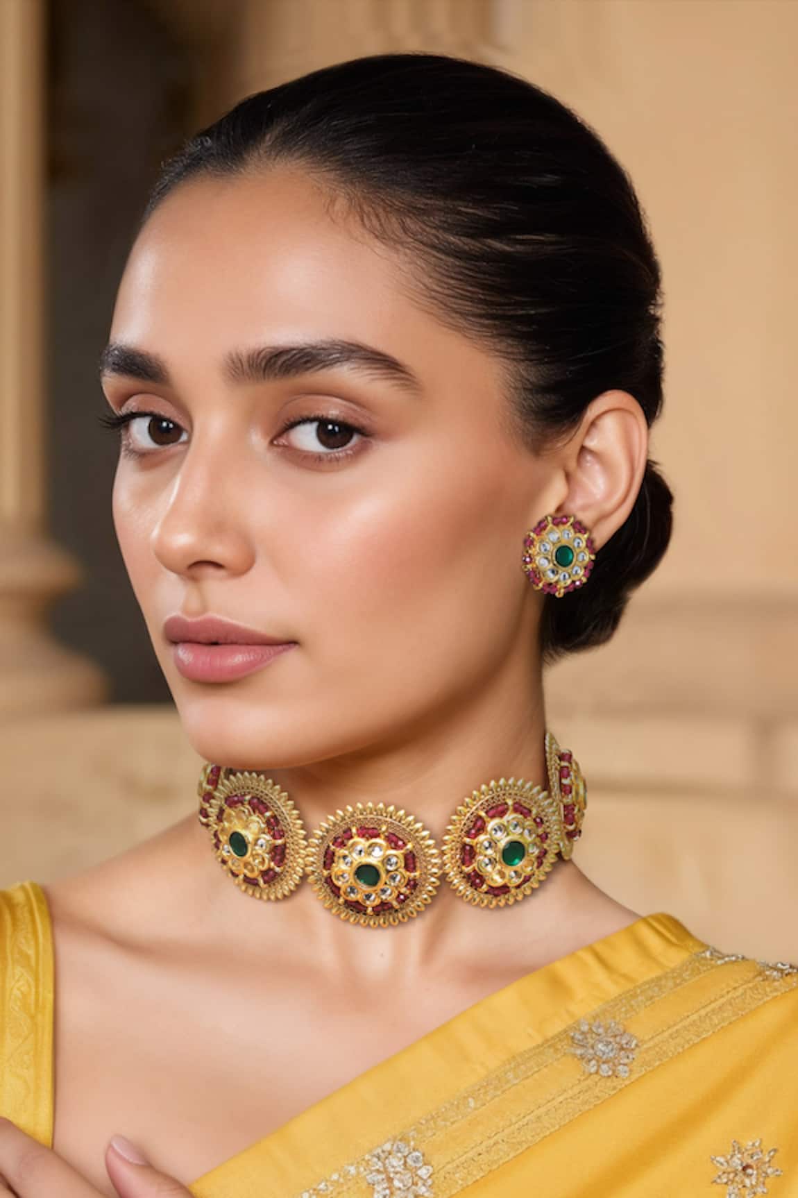 Tad Accessories Gold Finish Kundan Polki Necklace Set 