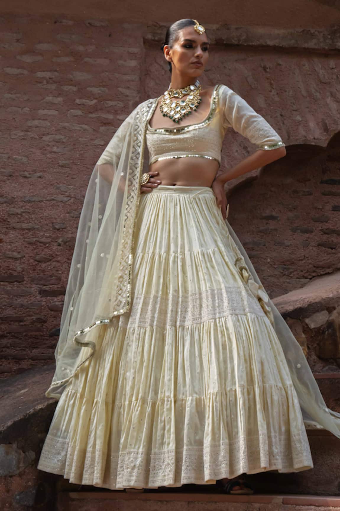 Preevin Lemon Big Border Lehenga Set With Embroidered Dupatta 
