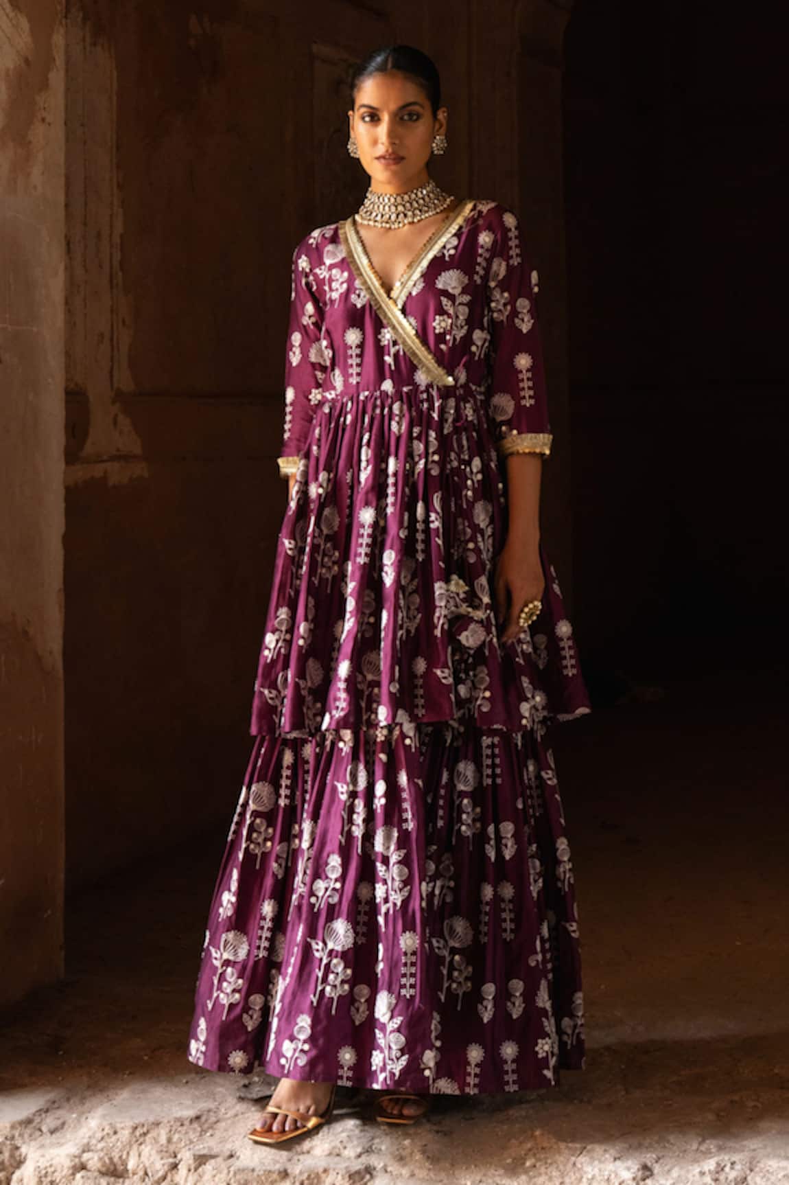 Preevin Sunflower Wine Double Layer Embroidered Angarkha With Dupatta 