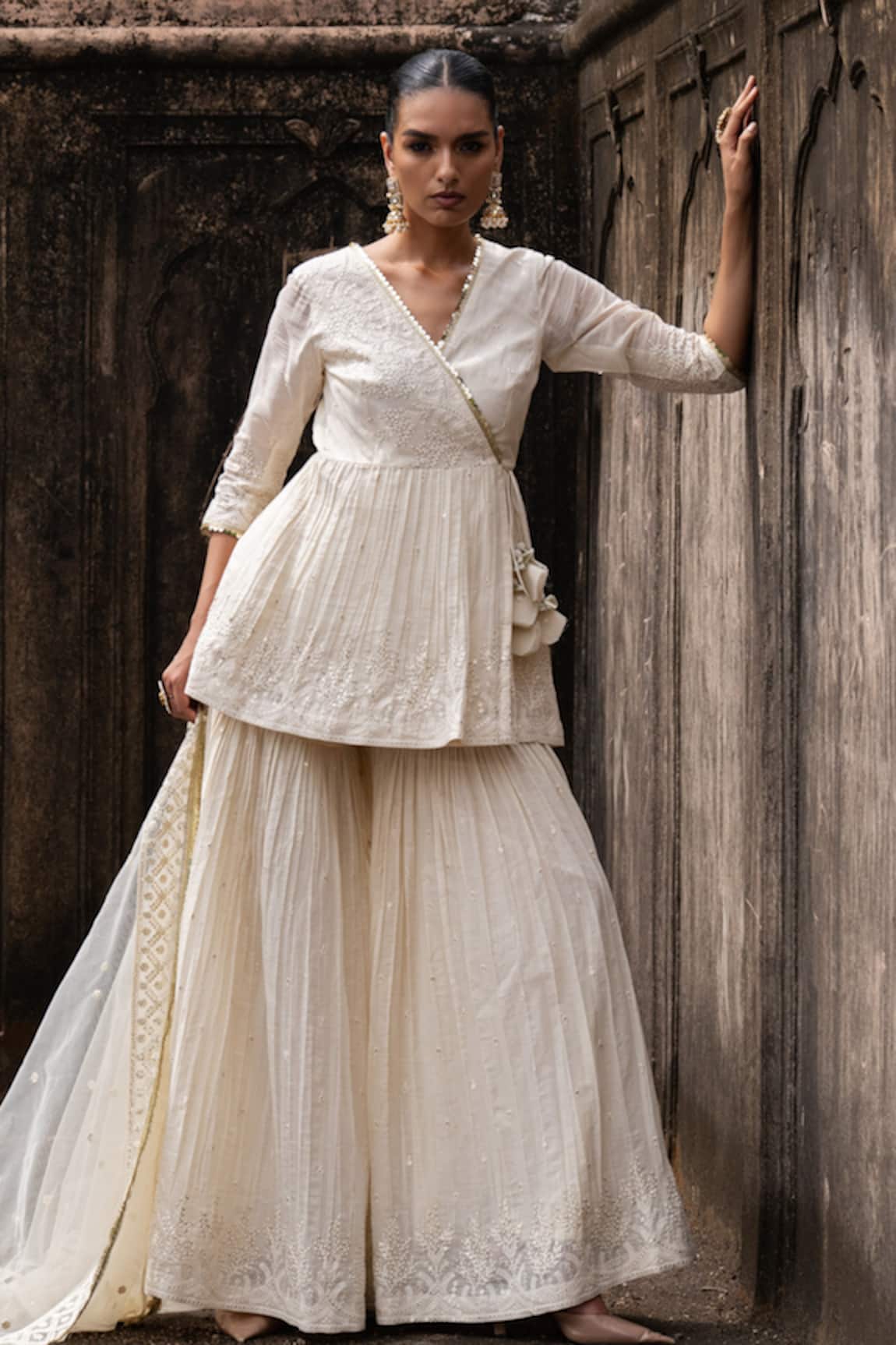 Preevin Off White Golden Forest Peplum Kurta Sharara Set 