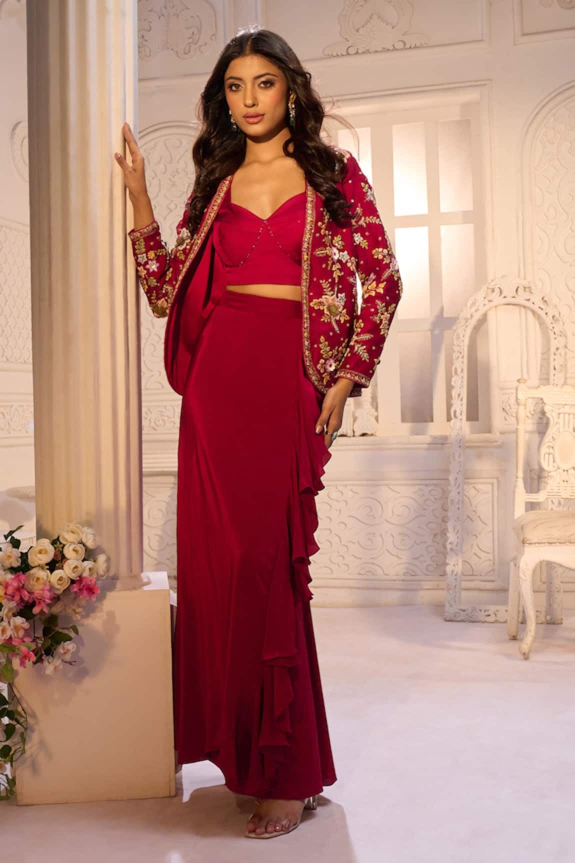 Aariyana Couture Embroidered Jacket & Draped Skirt Set 