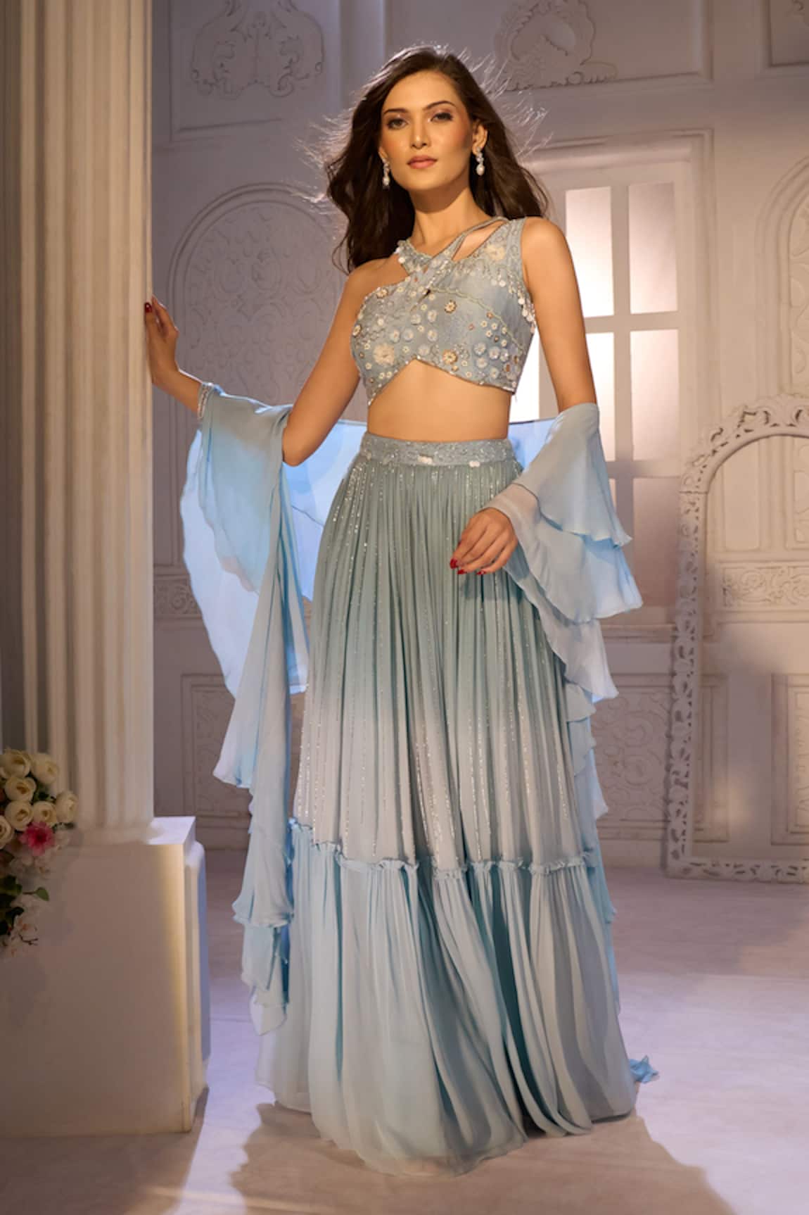 Aariyana Couture Ruched Shimmer Skirt Set With Ruffle Dupatta 