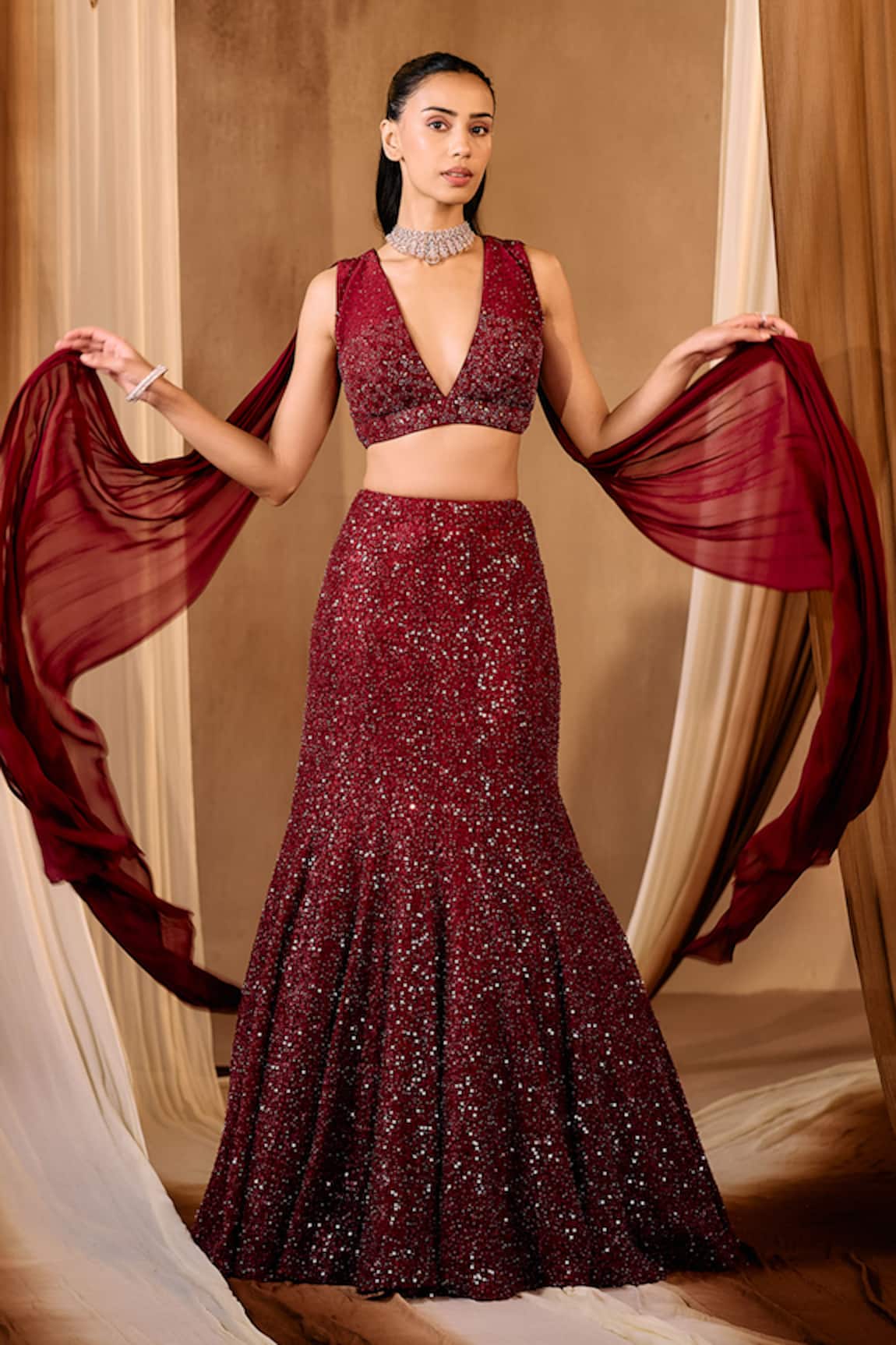 Niamh By Kriti Maroon Intricate Embroidered Lehenga Set 