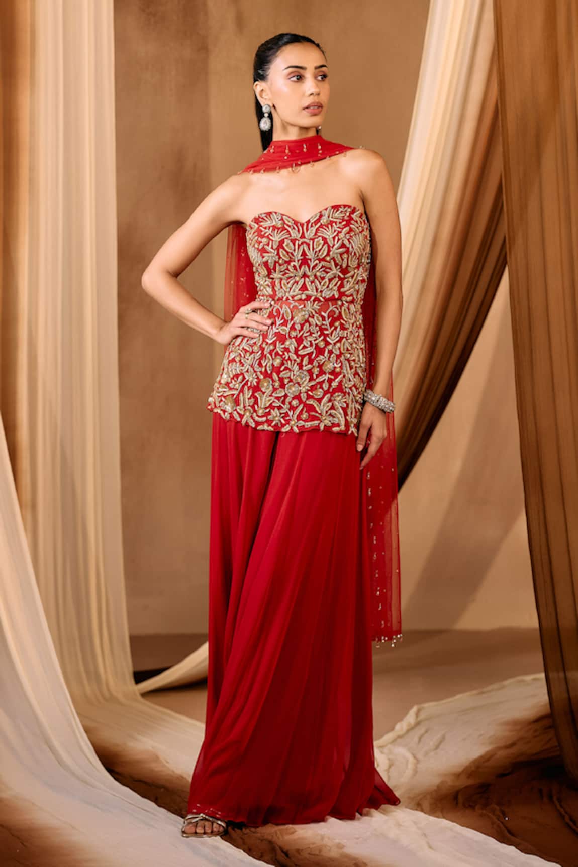 Niamh By Kriti Red Hand Embroidered Kurta Sharara Set 