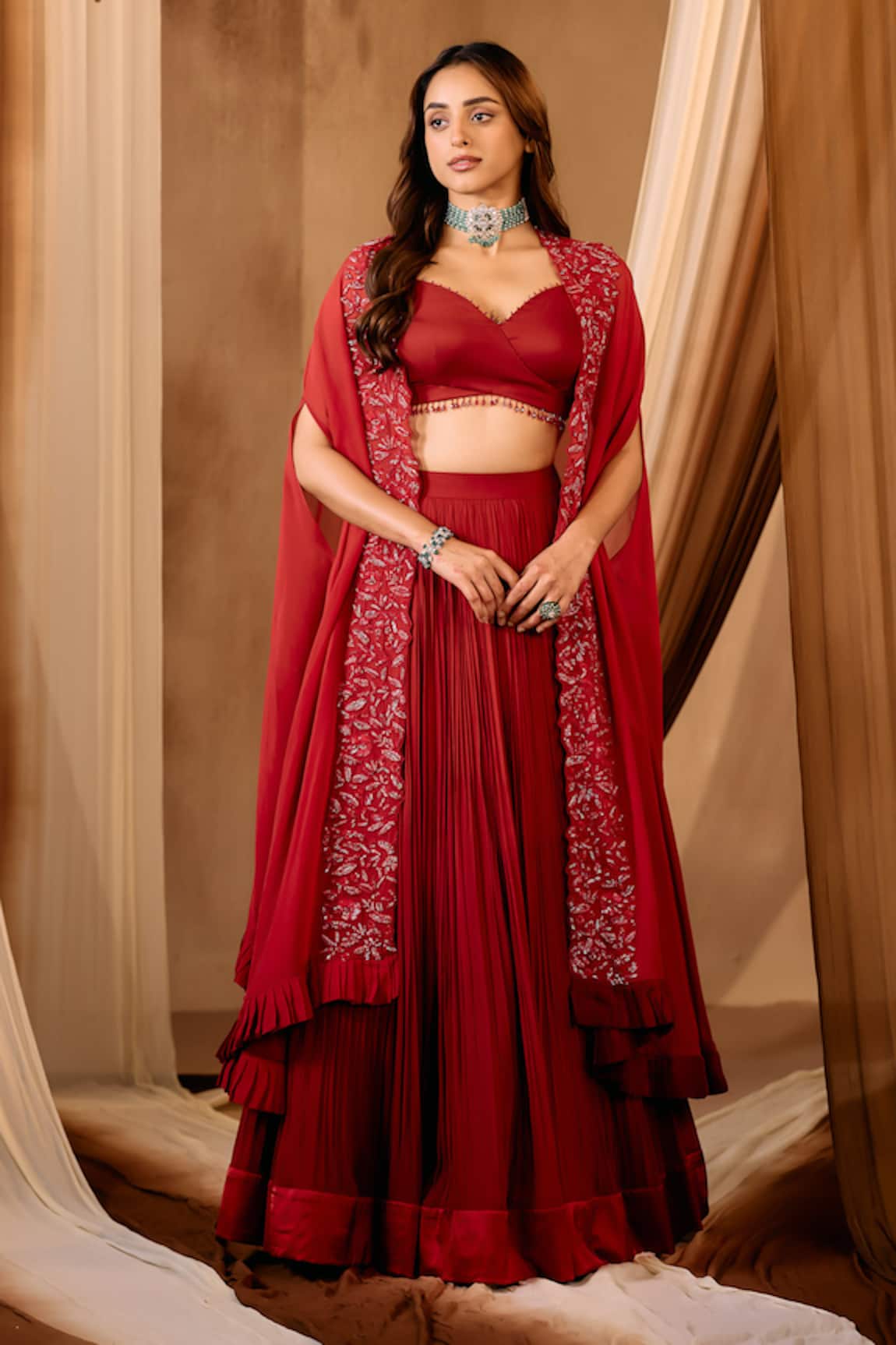 Niamh By Kriti Red Embroidered Lehenga Set With Cape 