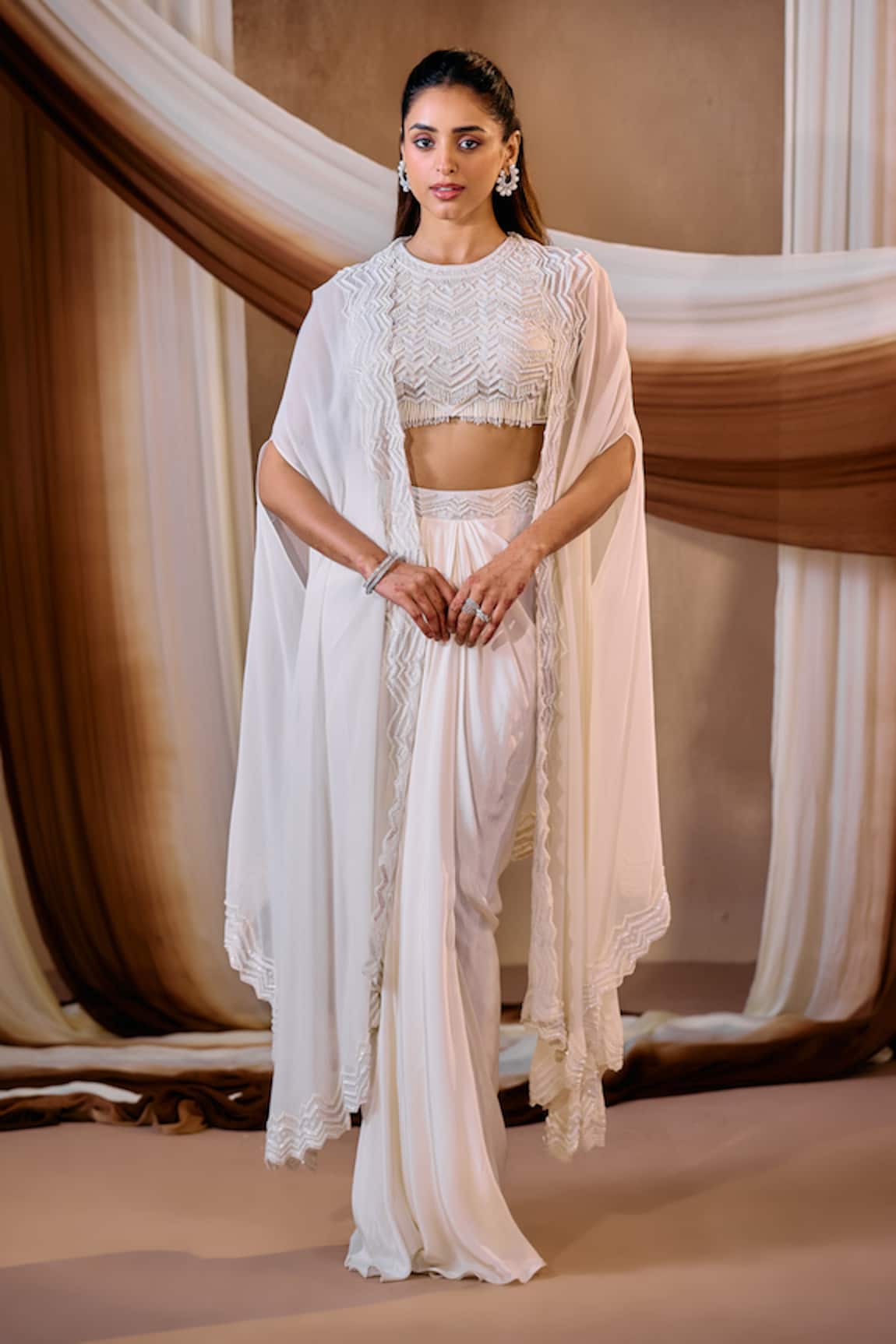 Niamh By Kriti Embroidered Ivory Cape & Skirt Set 