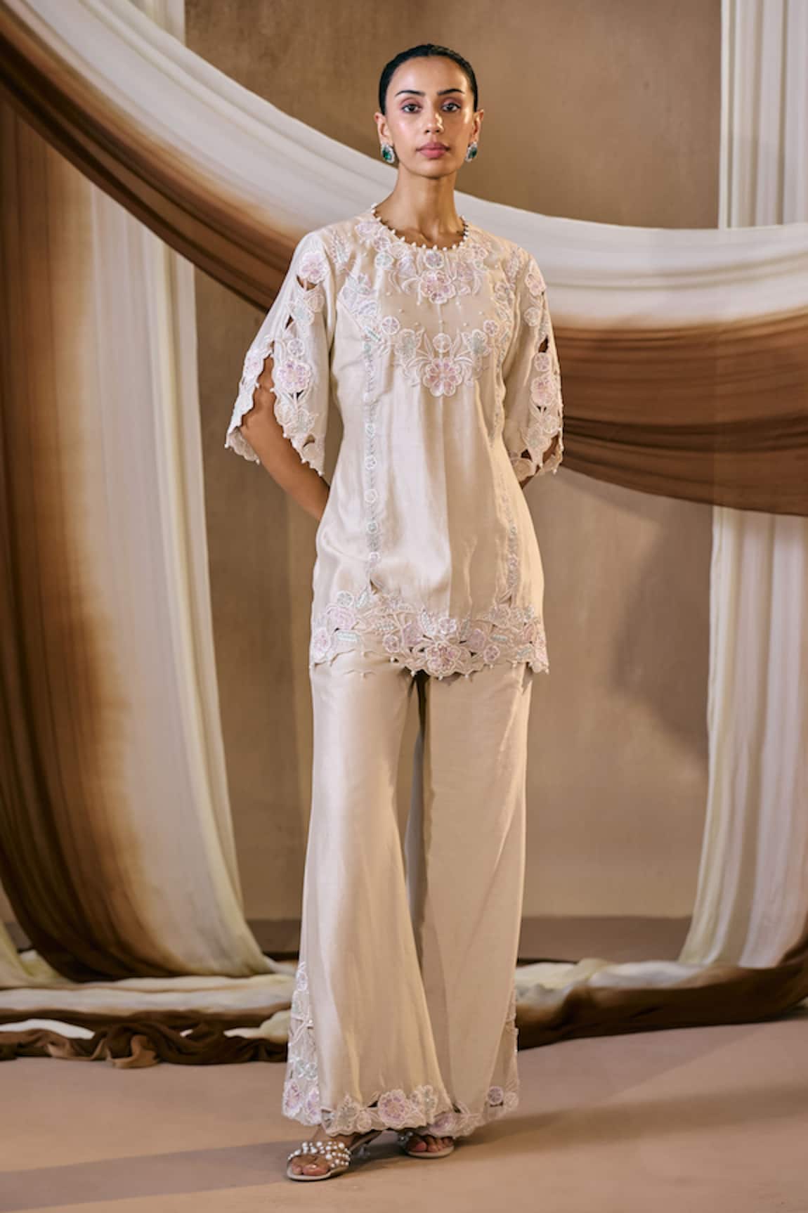 Niamh By Kriti Beige Resham Embroidered Kurta & Pant Set 
