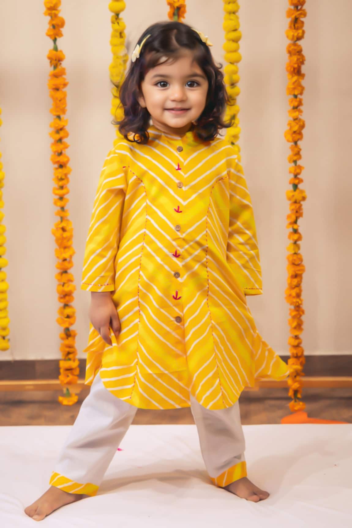 Petite Pomme Yellow Lehriya Kurti Set 