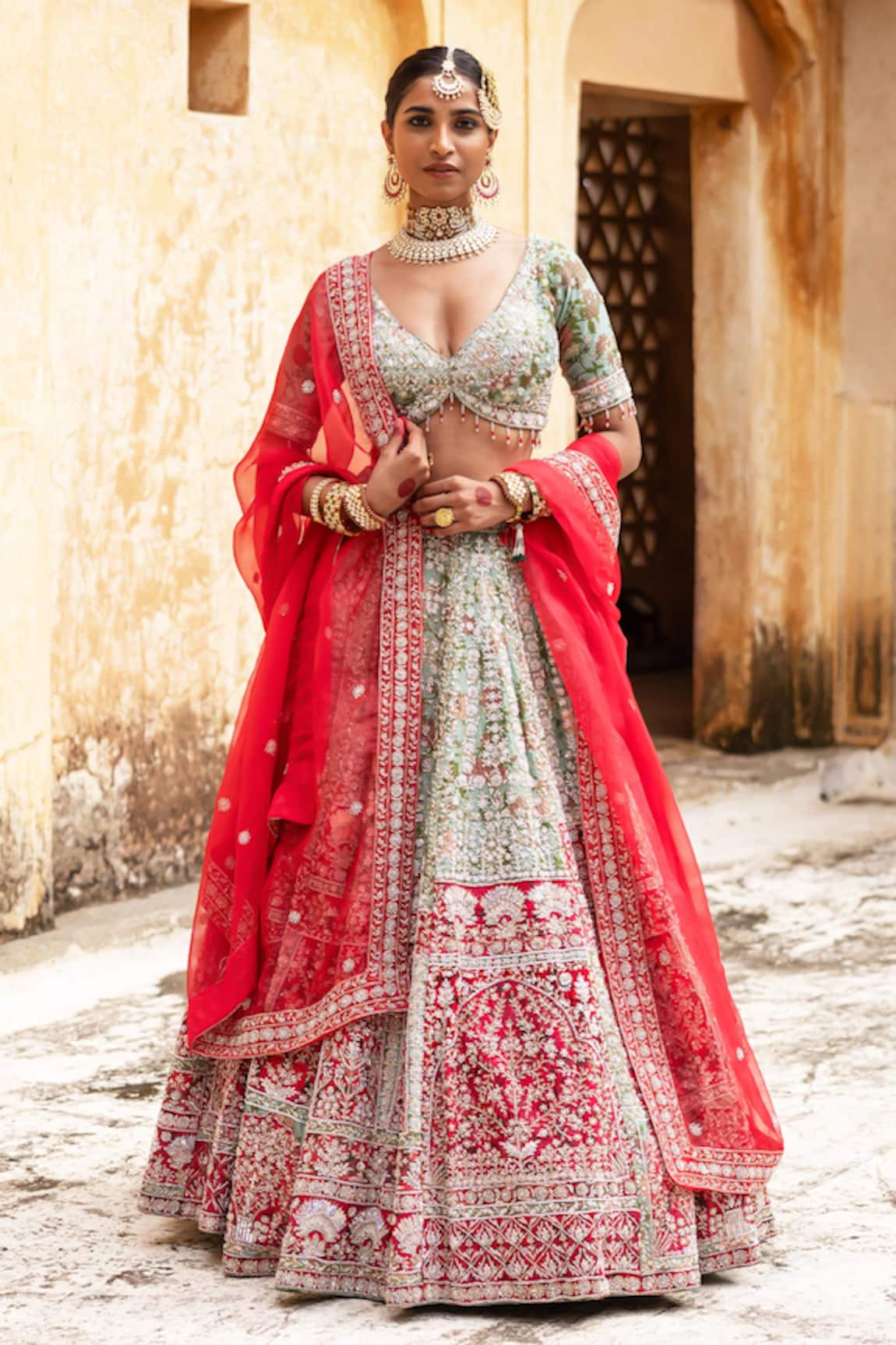 Aangan By Parul Radiant Vermilion Lehenga Set 