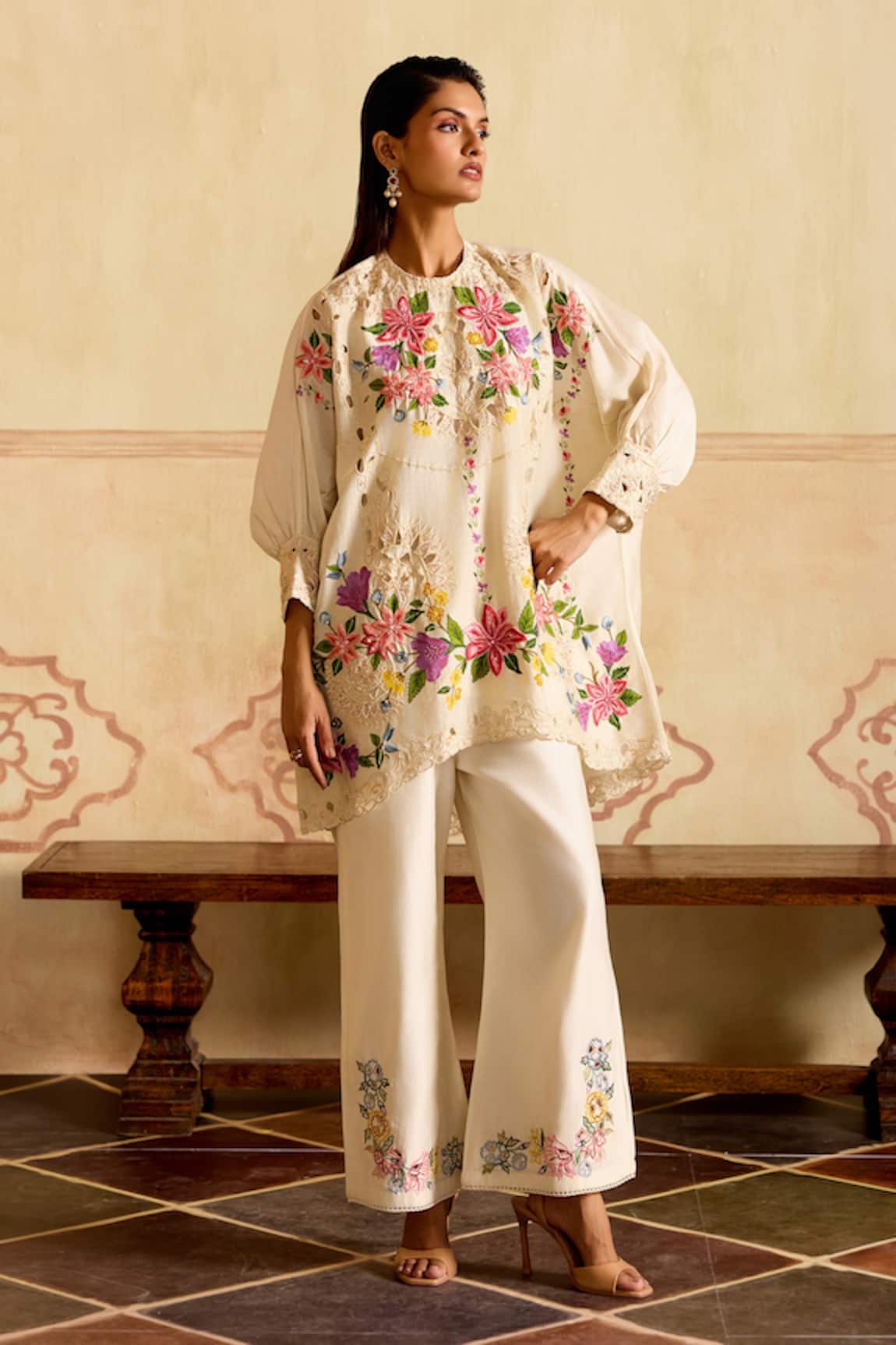 Chandrima Embroidered Kimono Tunic & Cutwork Pants 