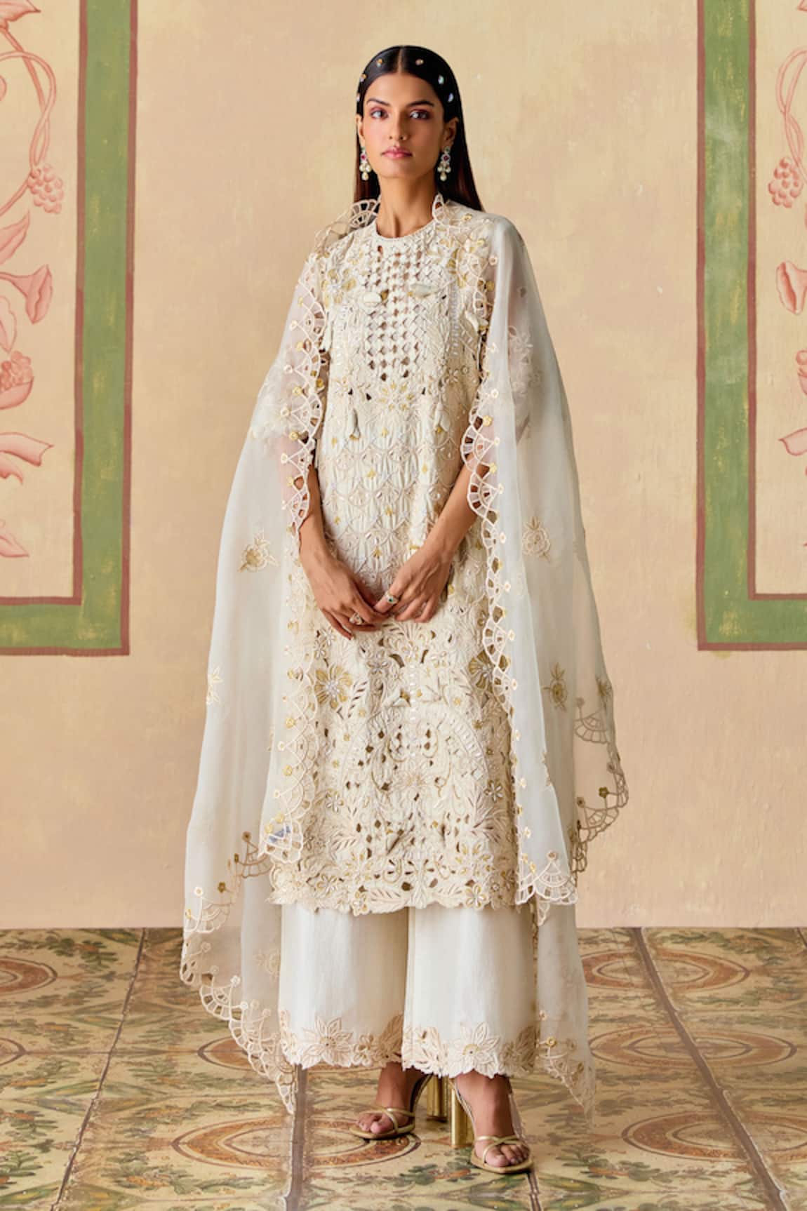 Chandrima Ivory Cutwork Kurta & Flared Pants Set 