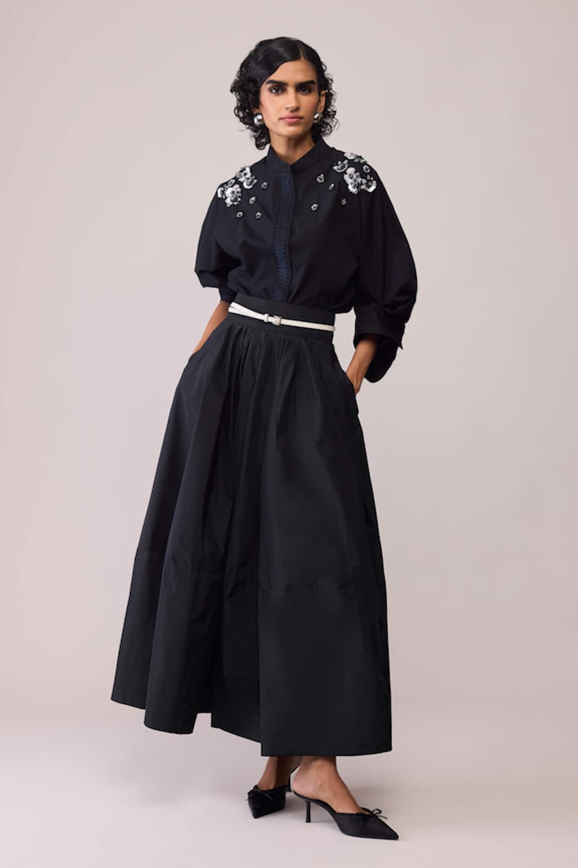 Bunka Solid Ann Black Embroidered Shirt 
