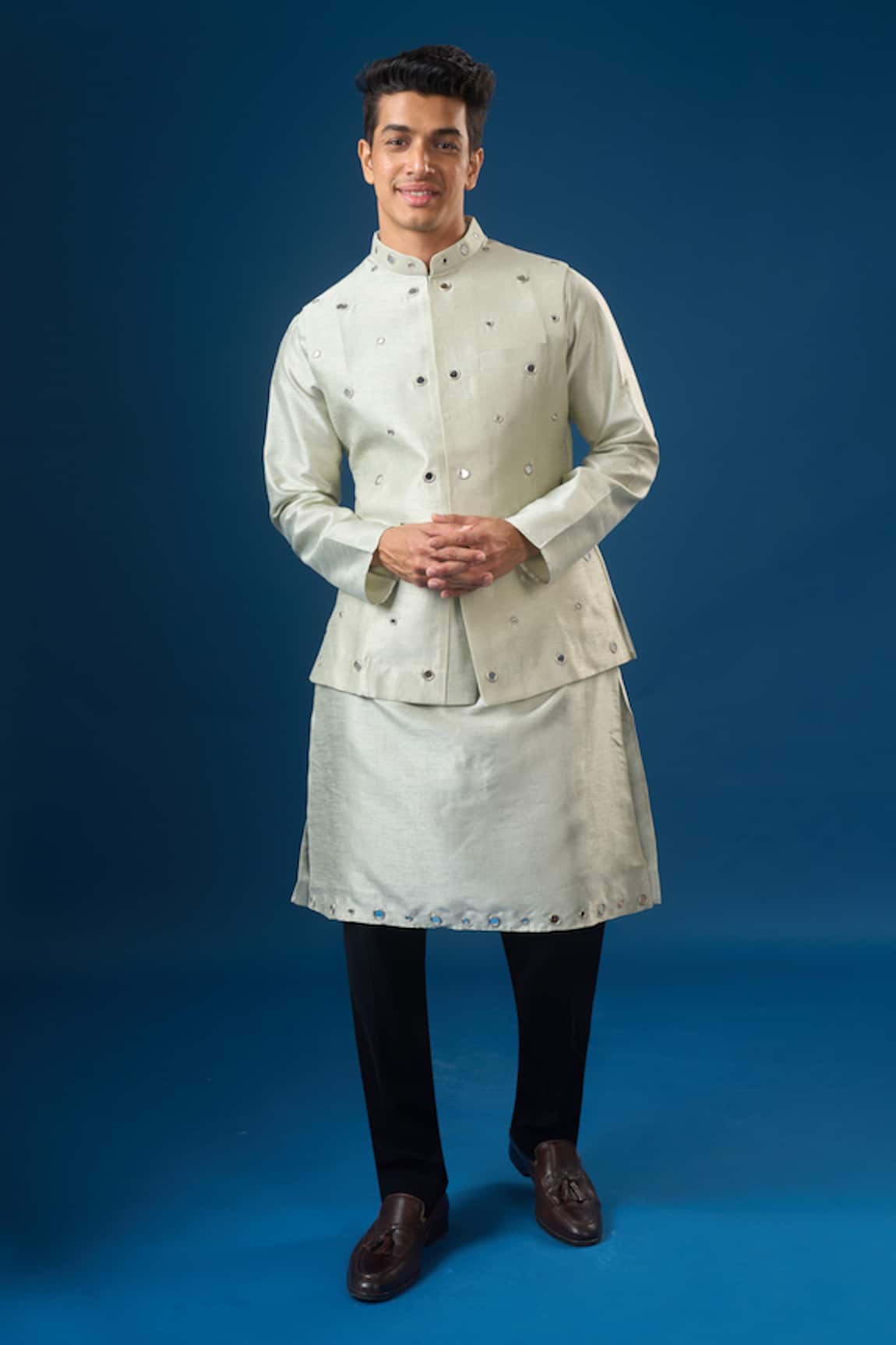 Rng Safawala Sage Green Mirror Embroidered Kurta-Bundi Set 