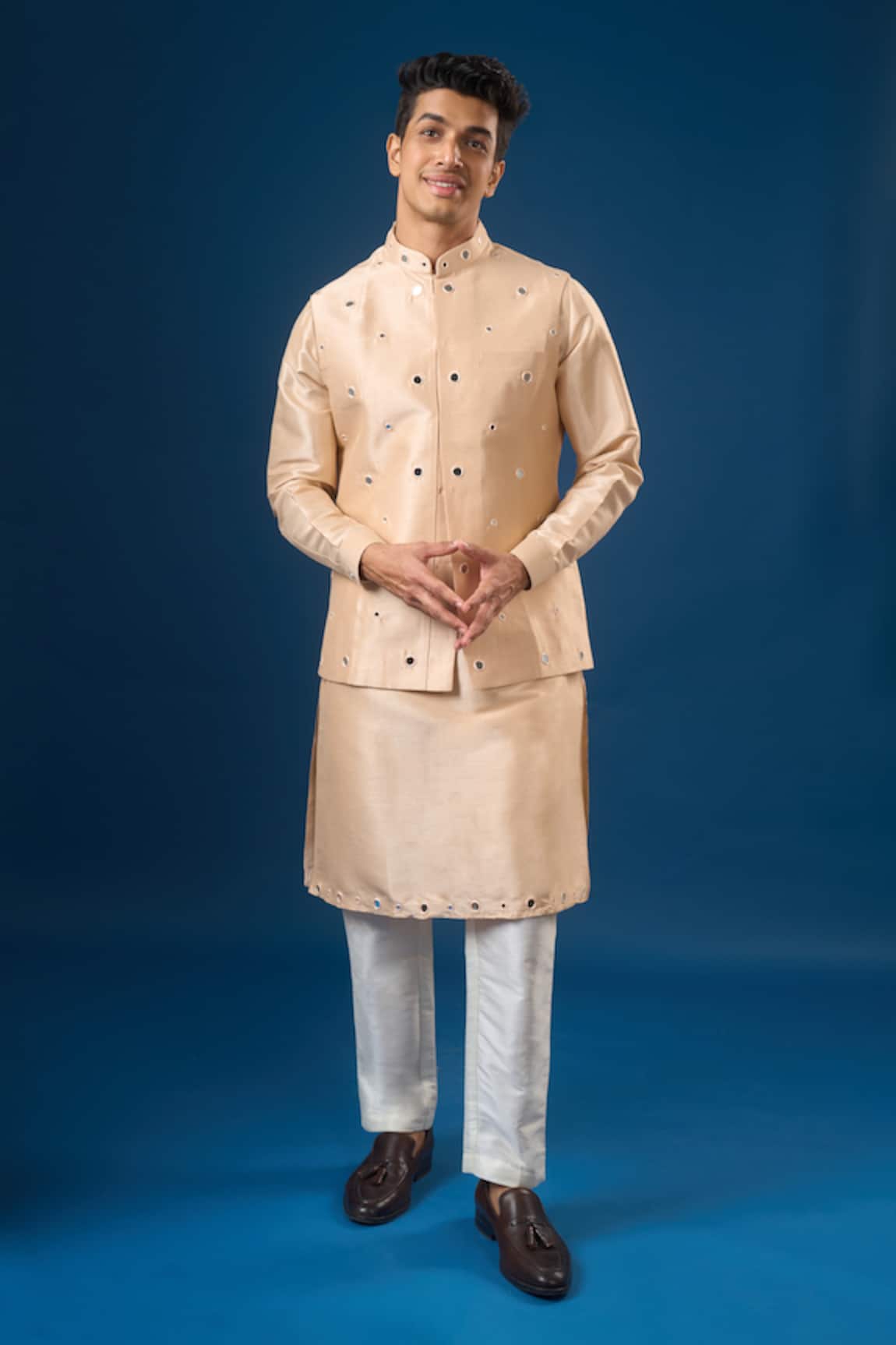 Rng Safawala Peach Mirror Embroidered Kurta-Bundi Set 