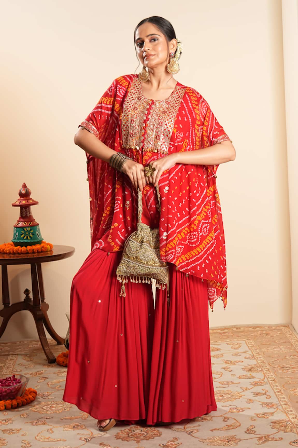 Sonali Methi Red Bandhani Kaftan & Sharara Set 