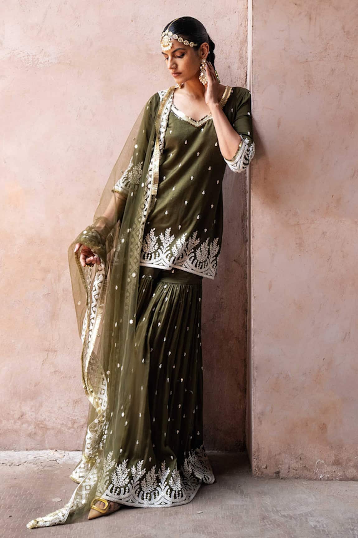 Preevin Olive Forest Straight Sharara Set With Embroidered Dupatta 