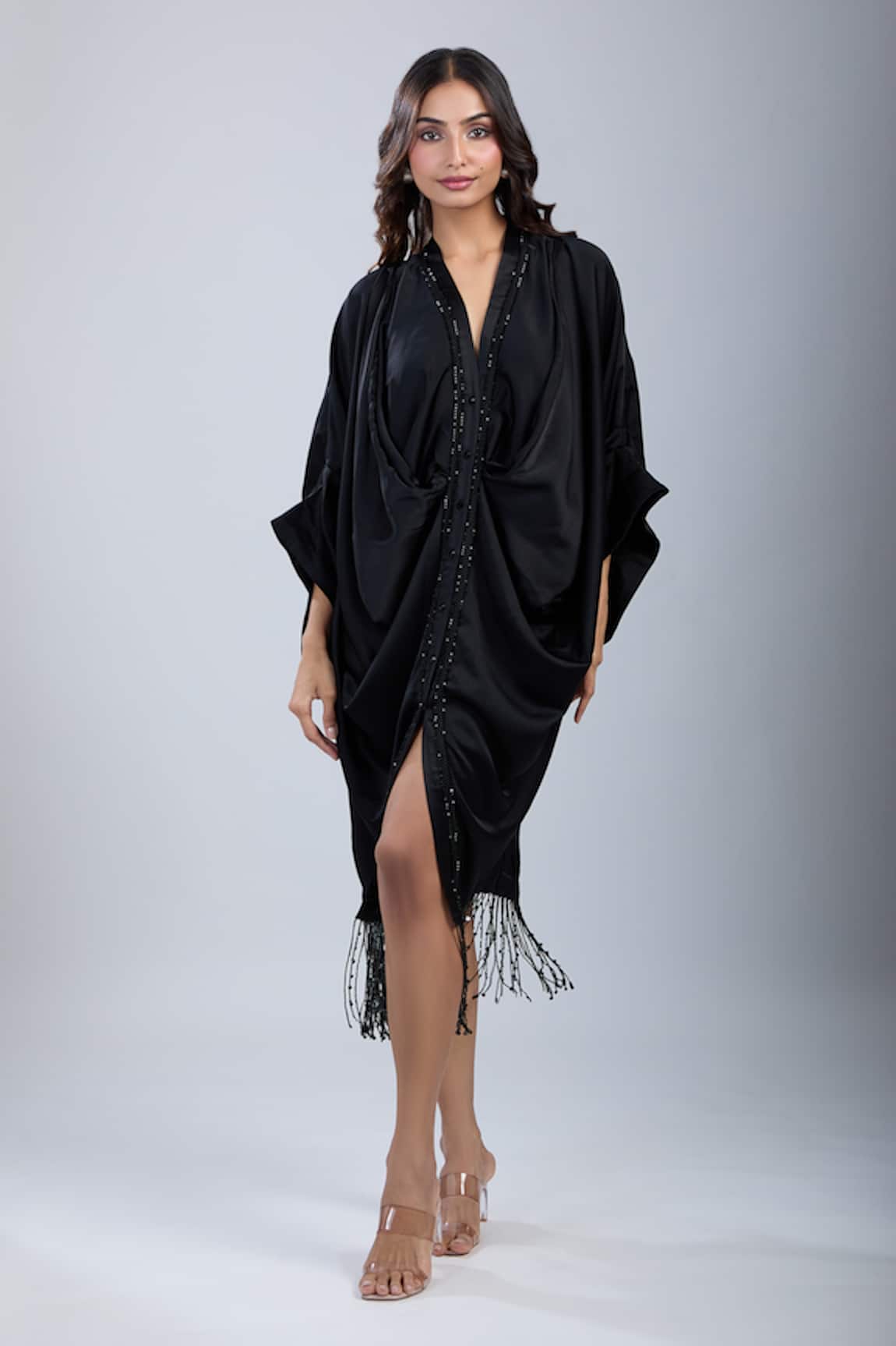 Tarun Tahiliani Black Kimono Sleeve Shirt Dress 