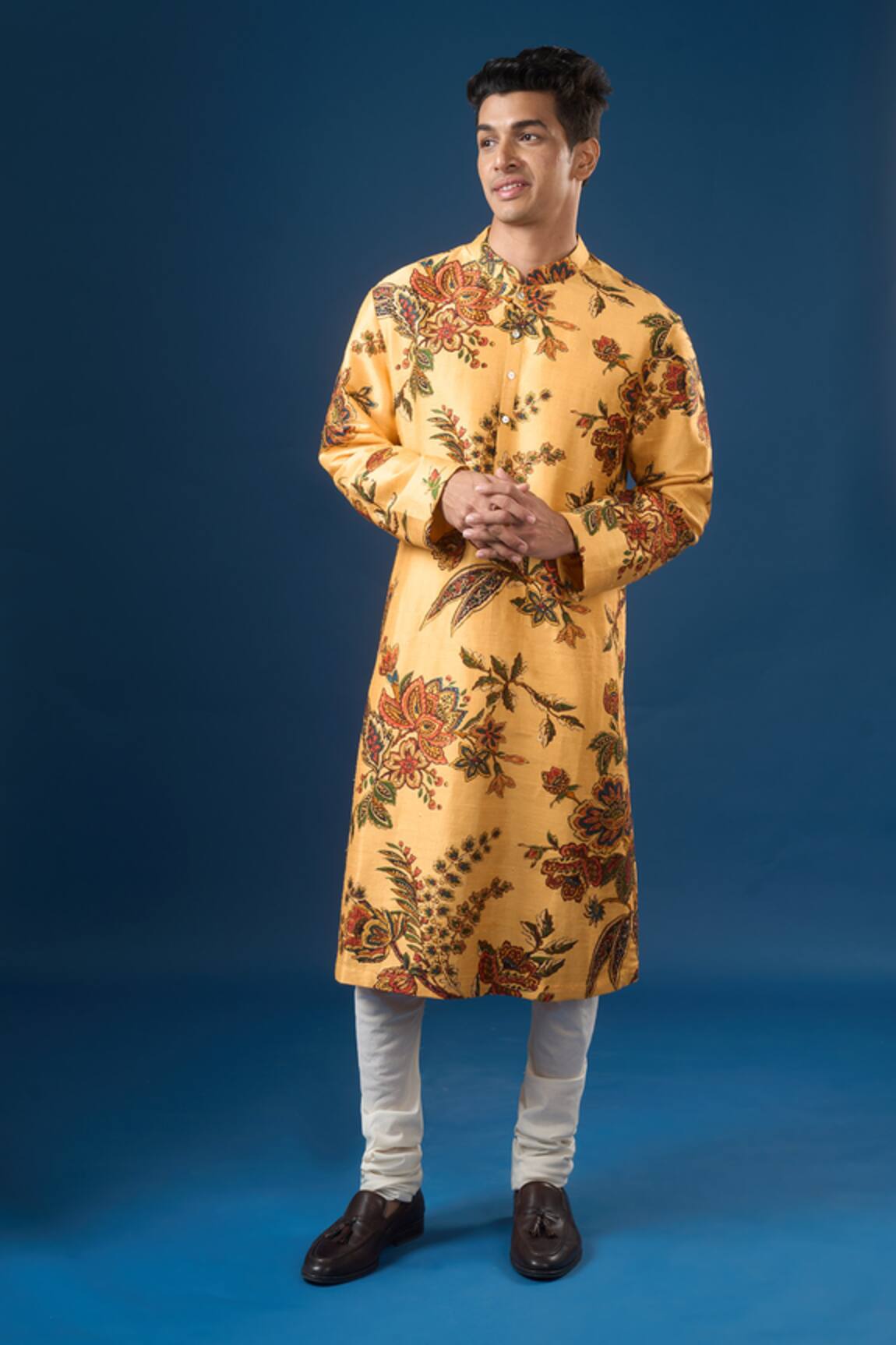 Rohit Bal Yellow Printed Dupion Silk Kurta Set 