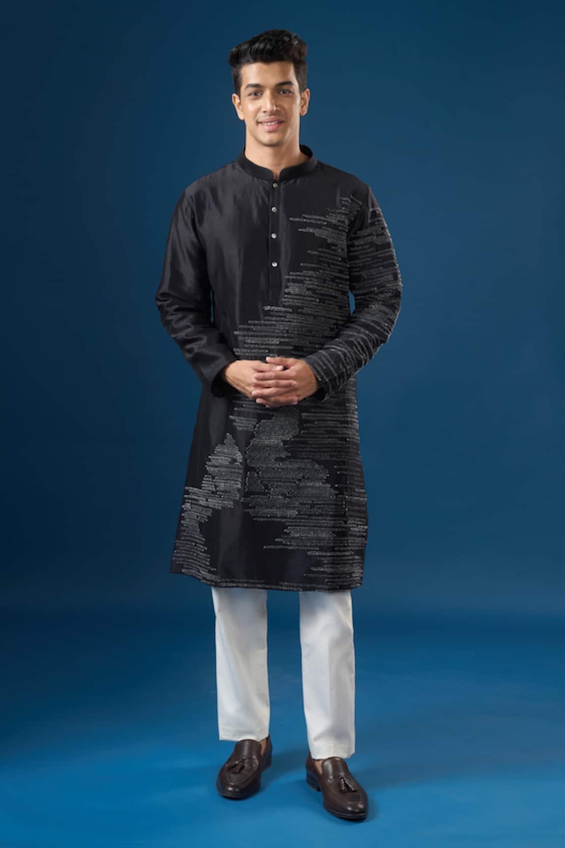 Countrymade Black Horizontal Line Embroidered Kurta Set 