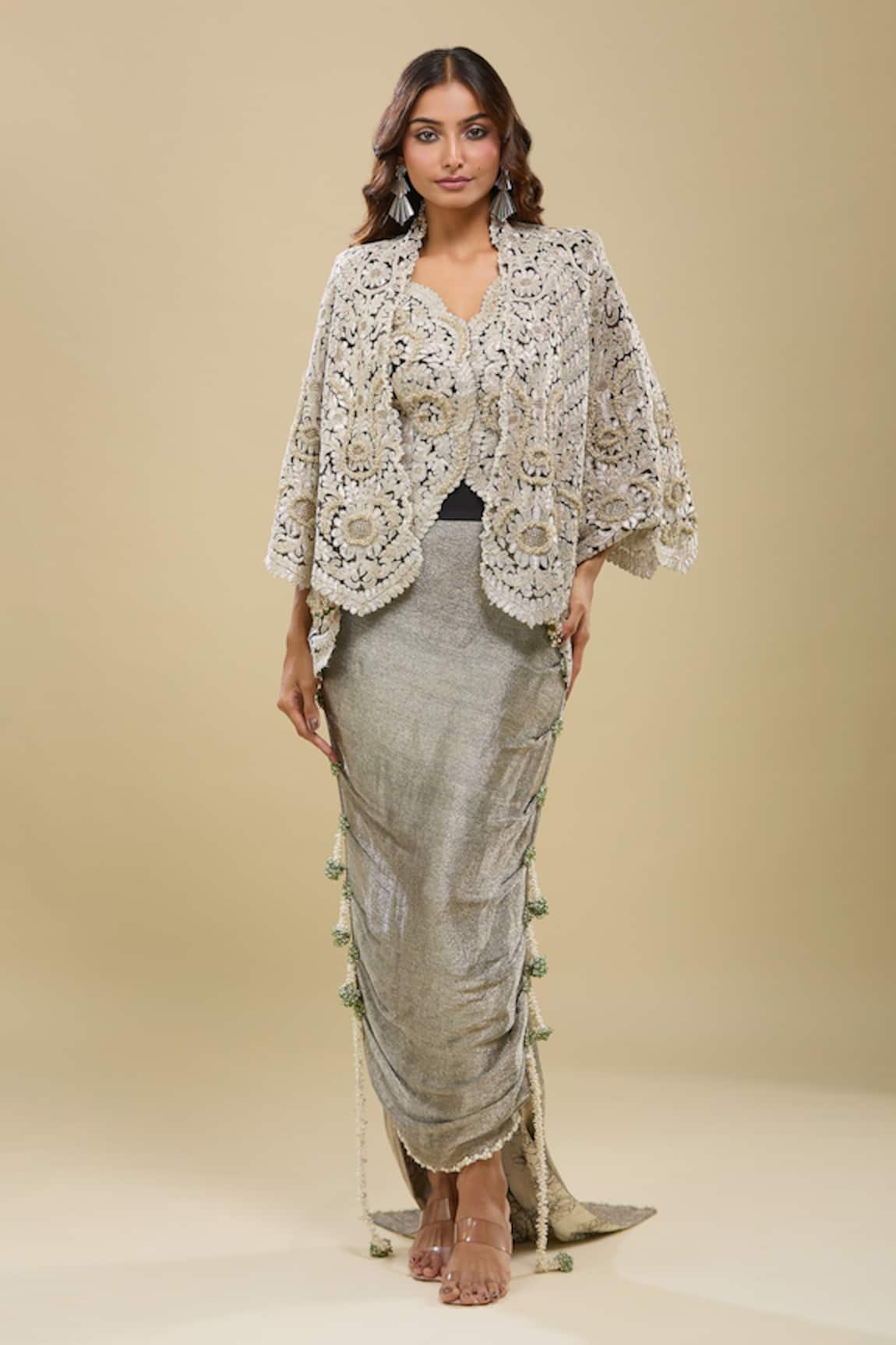 Anamika Khanna Black Embroidered Jacket & Draped Skirt Set 
