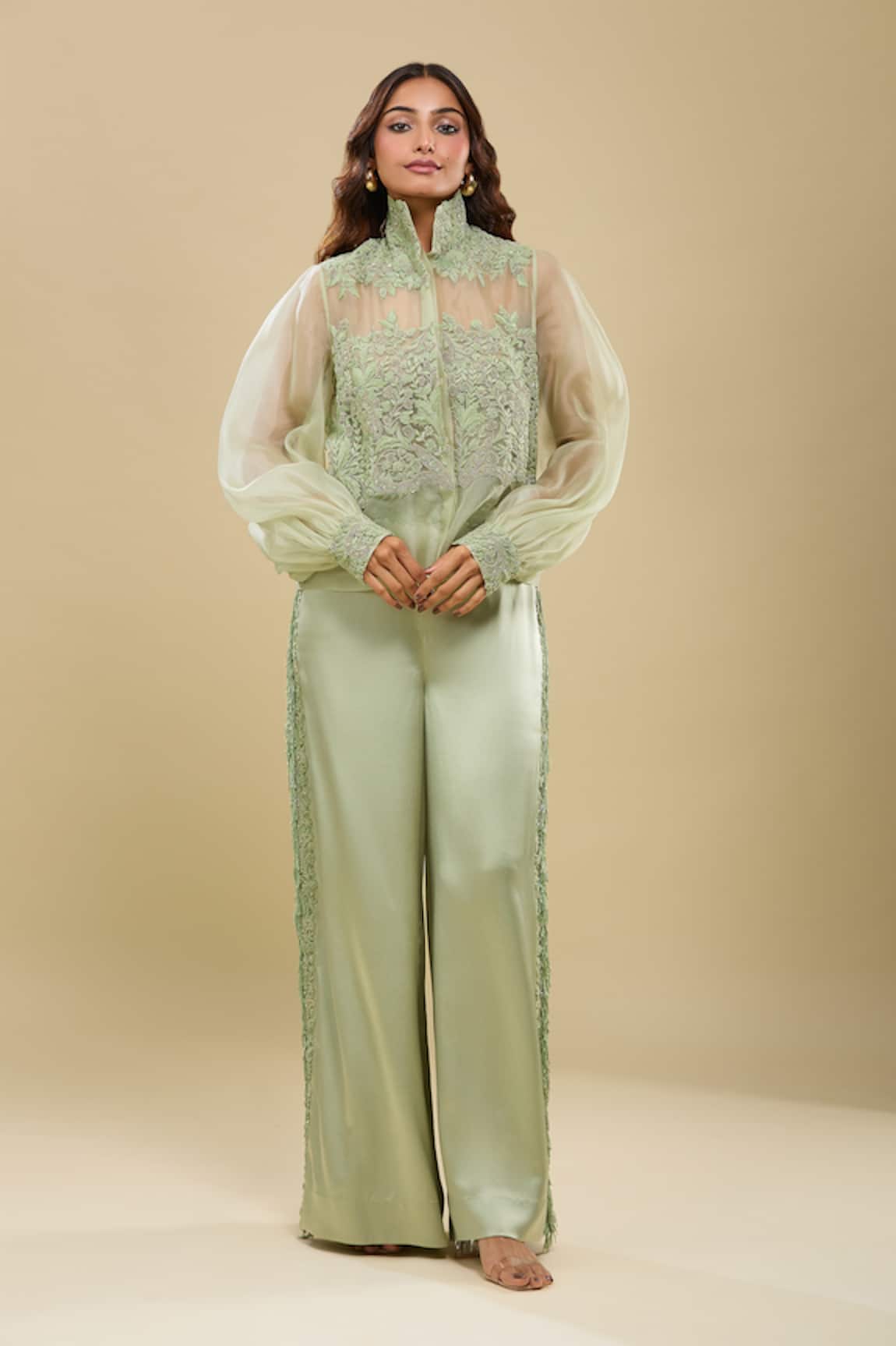 Anamika Khanna Embroidered Green Jacket & Palazzo Set