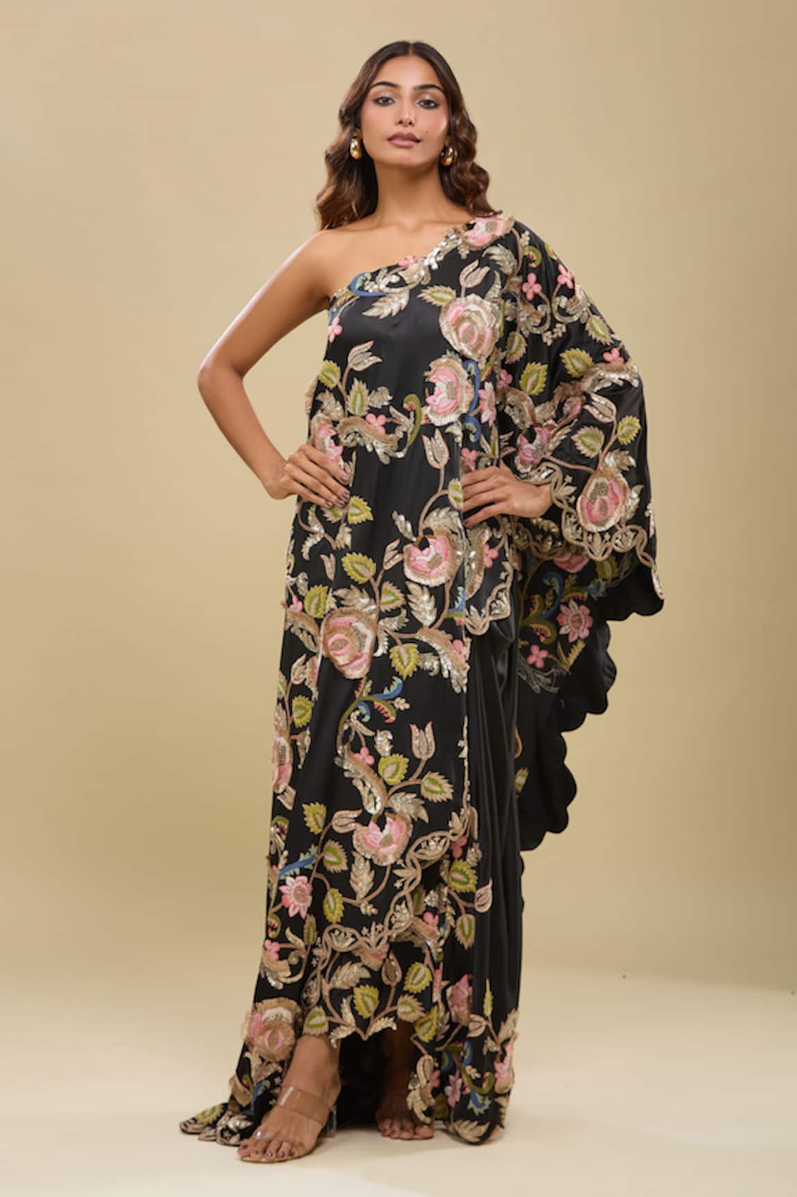 Anamika Khanna Floral Embroidered Black Cape & Draped Skirt Set 