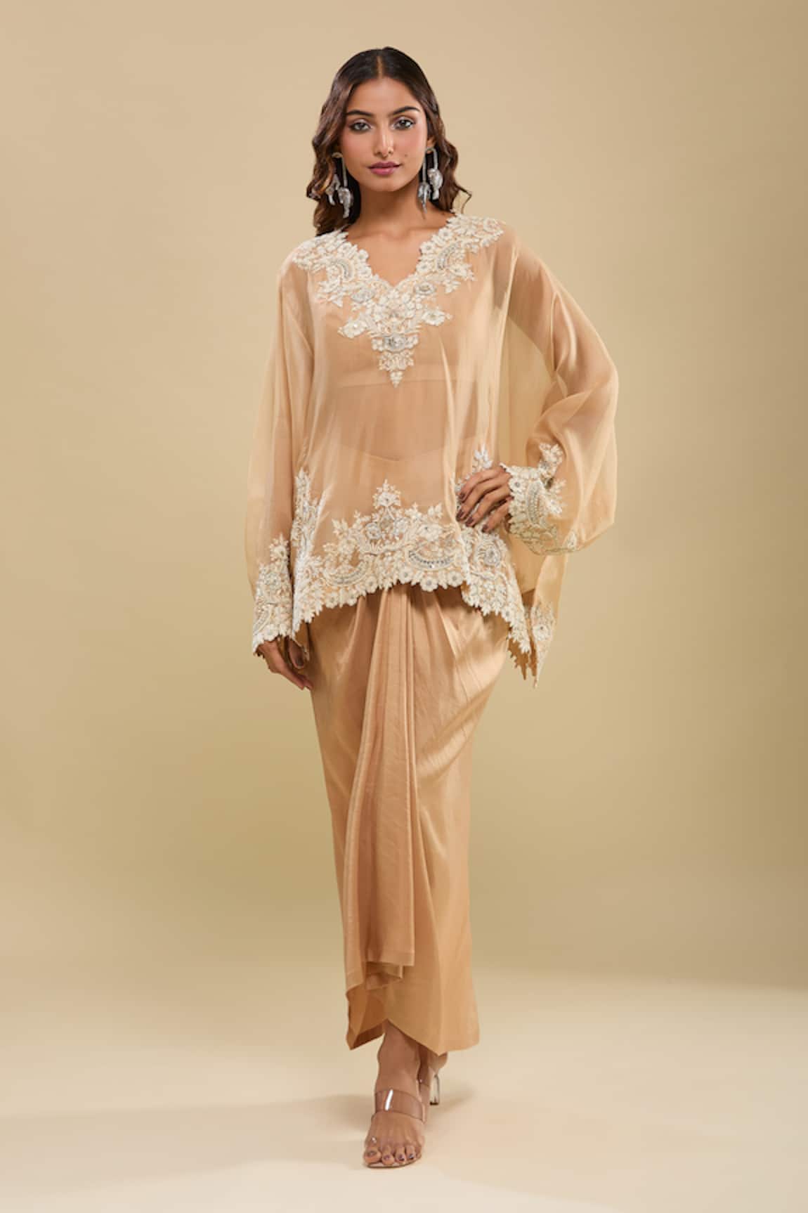 Anamika Khanna Beige Embroidered Tunic with Draped Skirt 