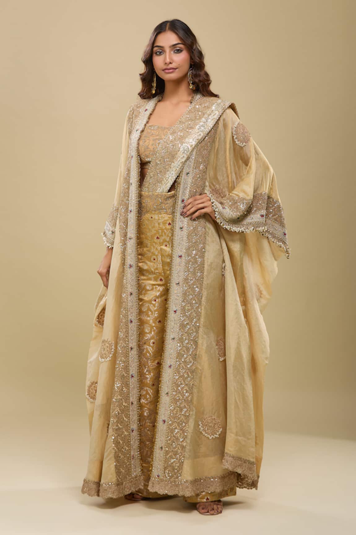 Anamika Khanna Embroidered Gold Jacket & Draped Saree Pant Set 