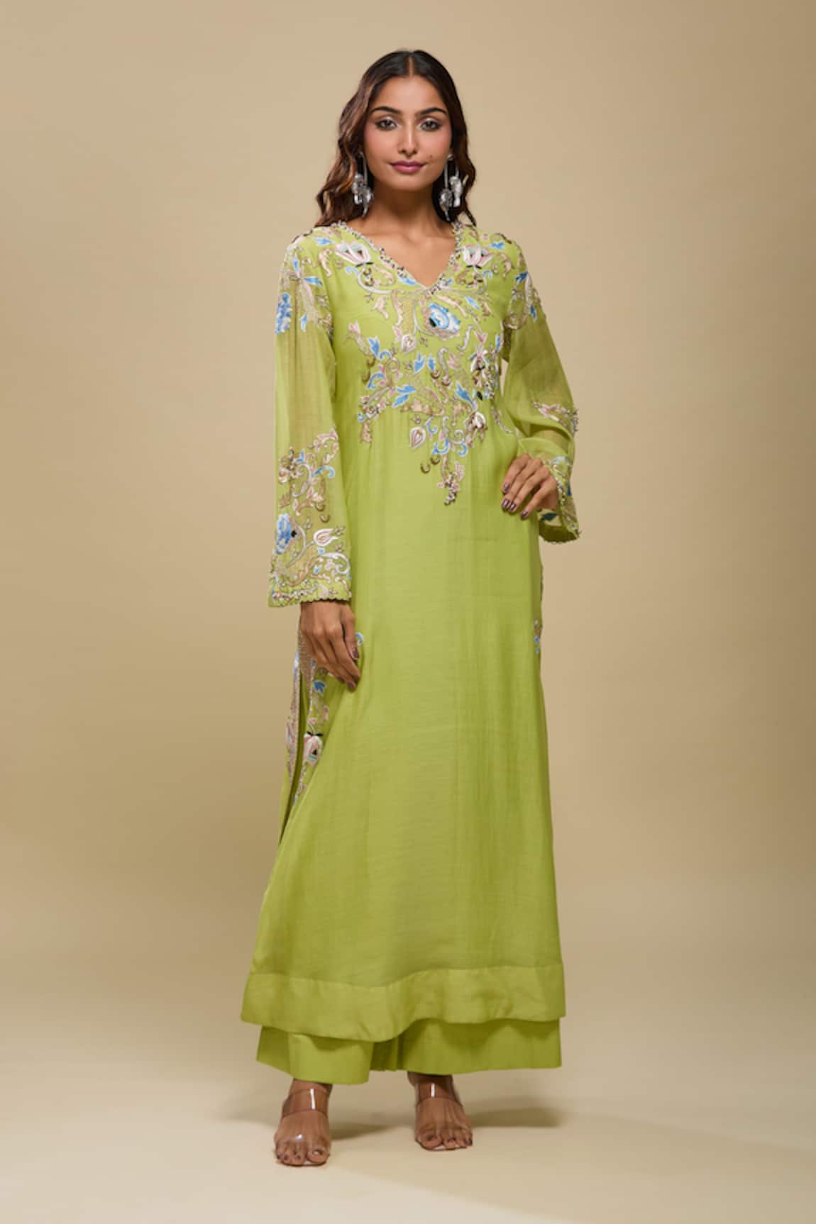Anamika Khanna Lime Green Embroidered Kurta & Palazzo Set 