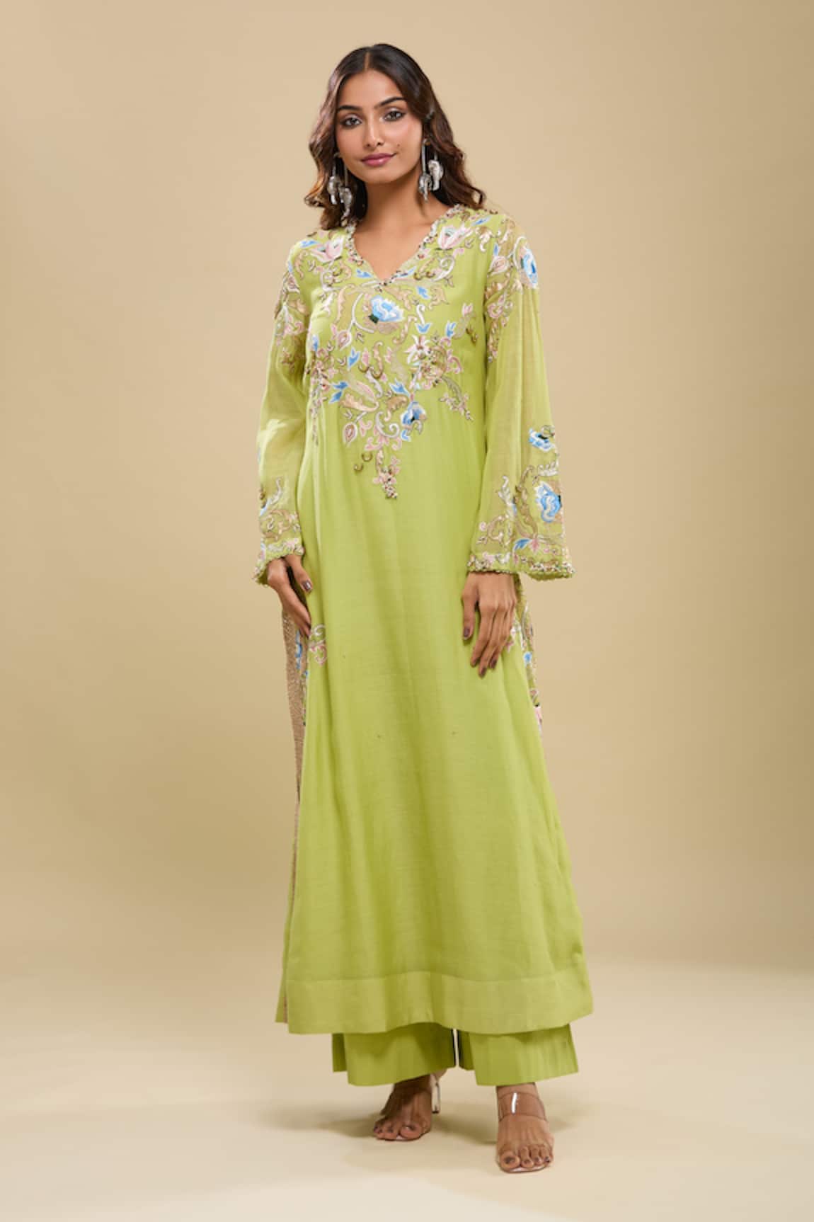 Anamika Khanna Lime Green Embroidered Kurta & Palazzo Set 