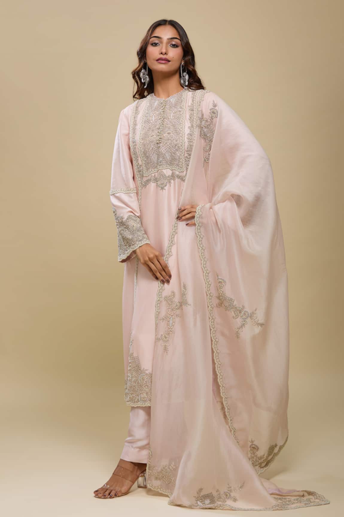 Anamika Khanna Embroidered Pink Kurta Pant Dupatta Set 