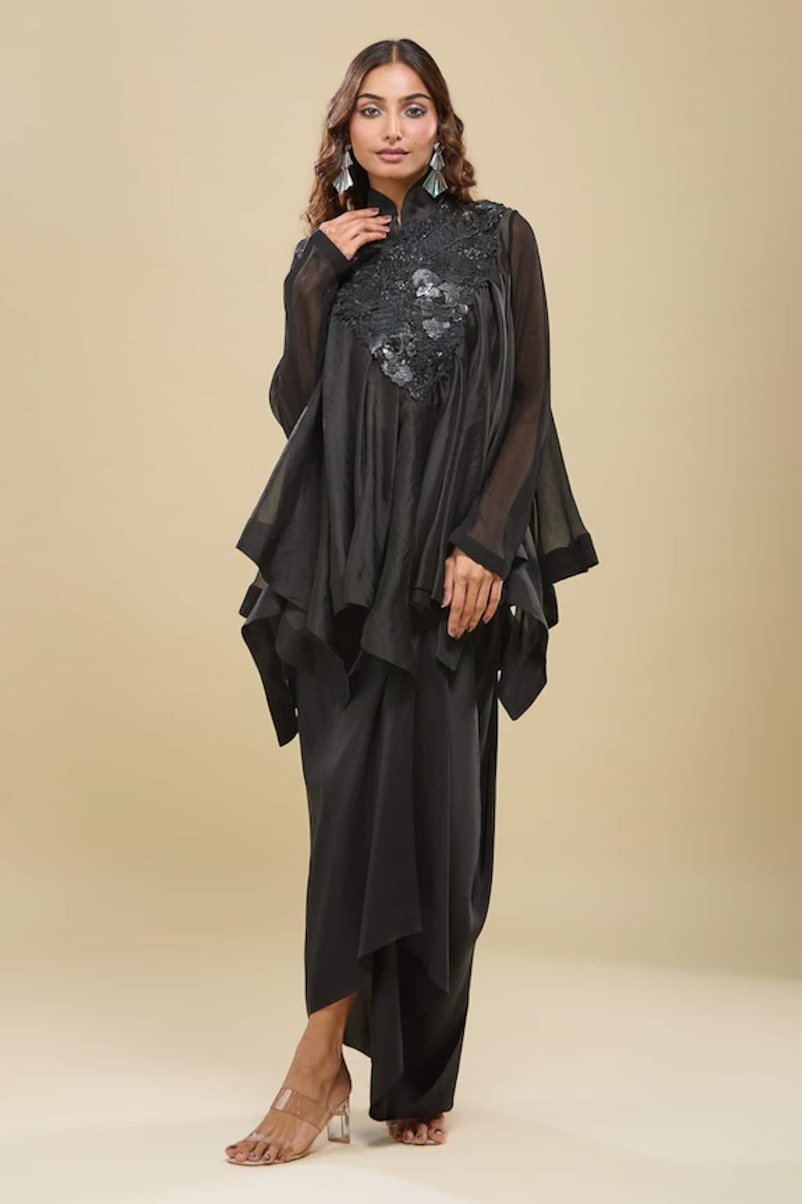 Anamika Khanna Black Gathered Tunic & Draped Skirt Set 