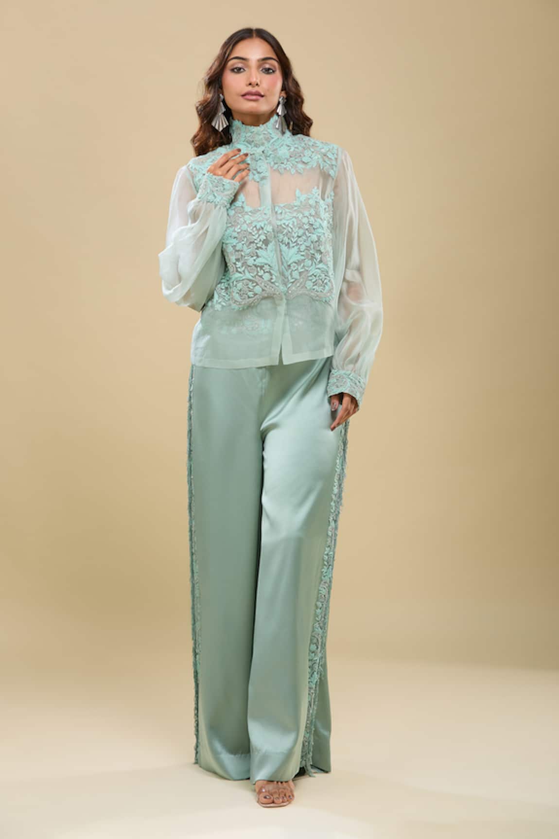 Anamika Khanna Pale Blue Sheer Jacket & Pant Set 