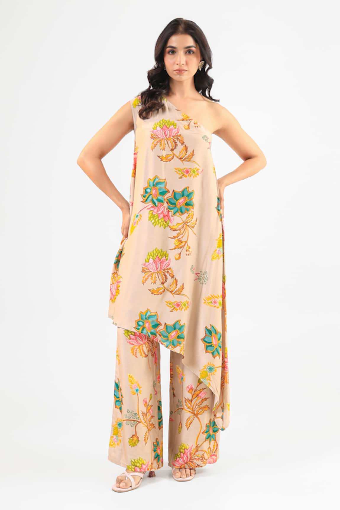 Amrood Beige Floral Embroidered Kurta & Flared Pant 