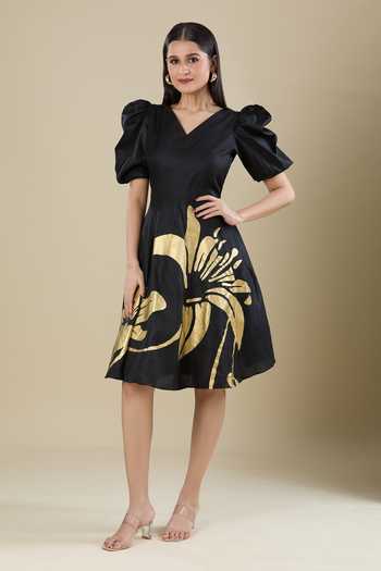 Naintara Bajaj Black Floral Print Cotton Dress 
