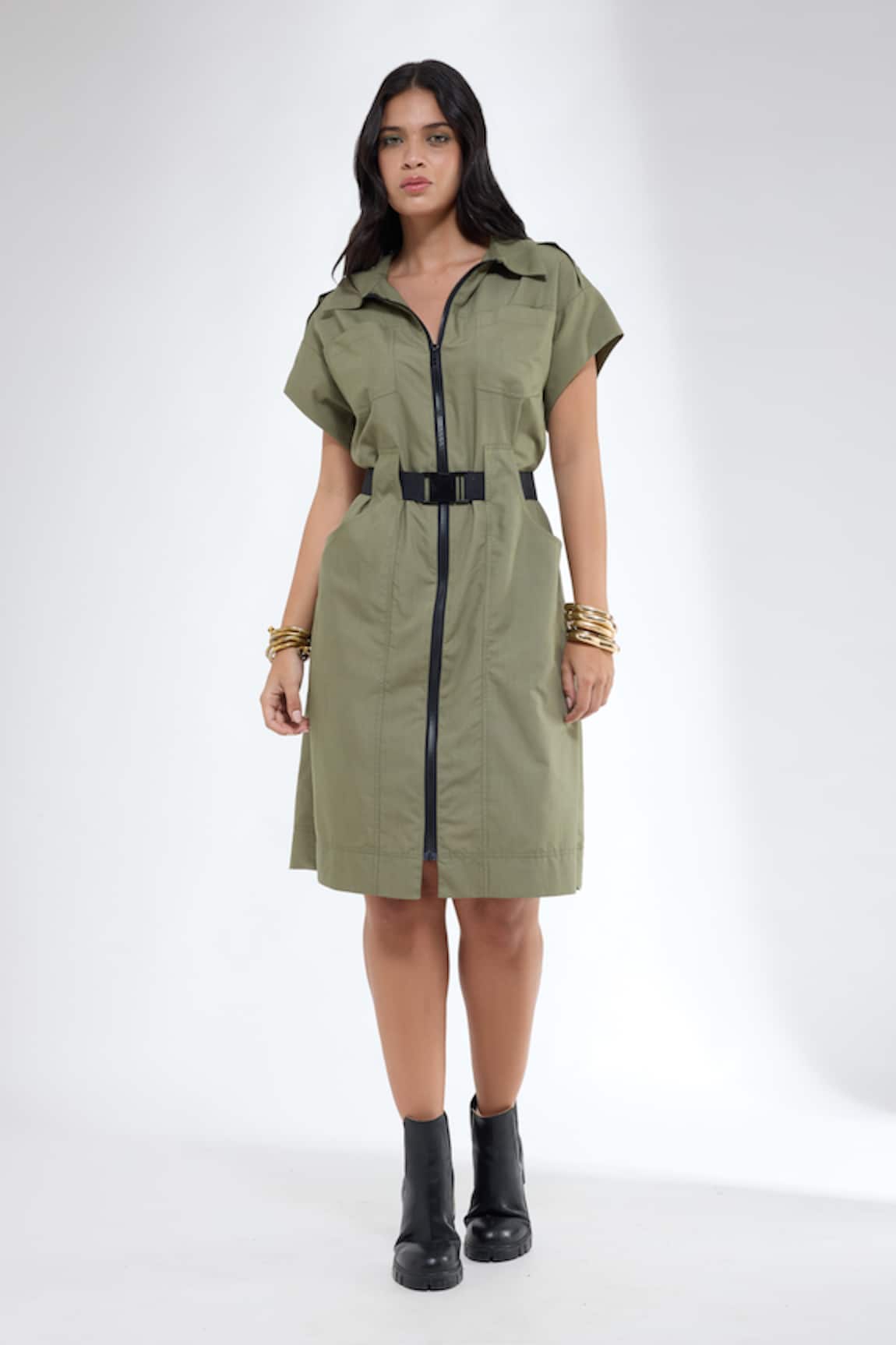 Krati Jain Light Olive Front Open Shirt Dress 