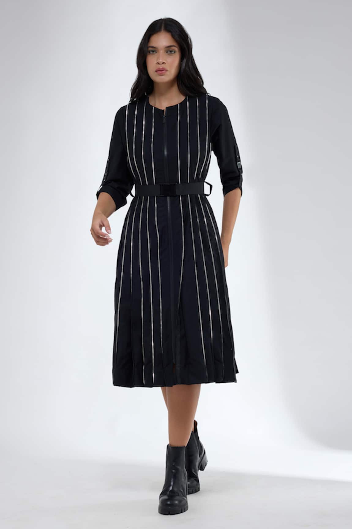 Krati Jain Pleated Black Cotton Blend Dress 