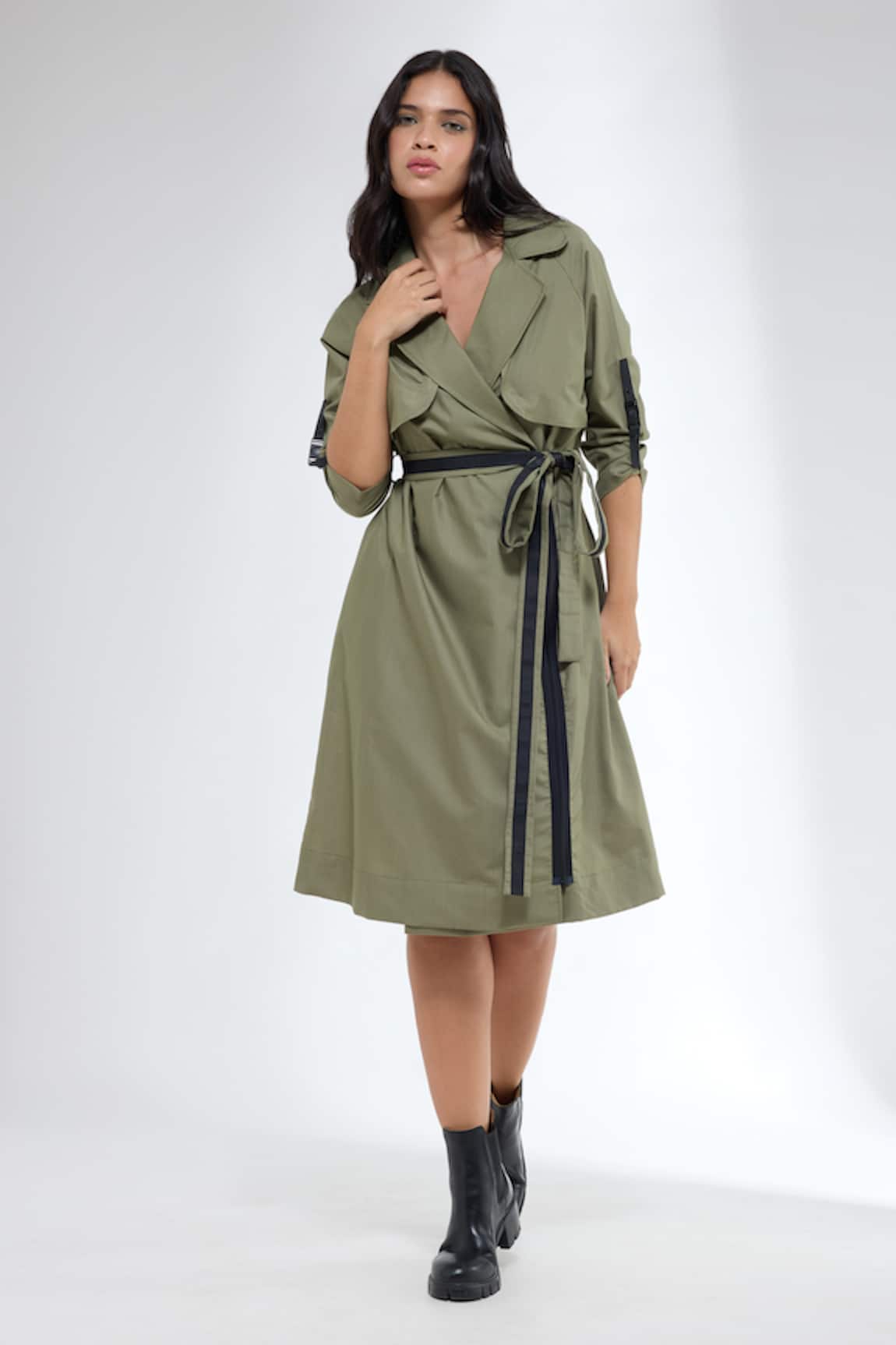 Krati Jain Olive Trench Style Dress With Belt 