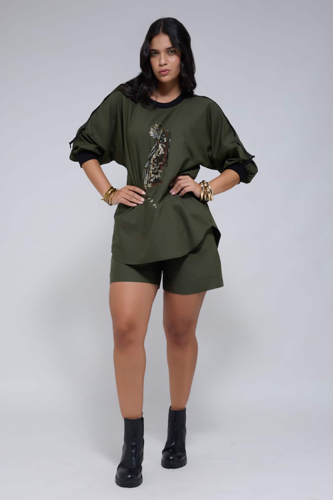 Krati Jain Olive Leopard Motif Top & Shorts Set 