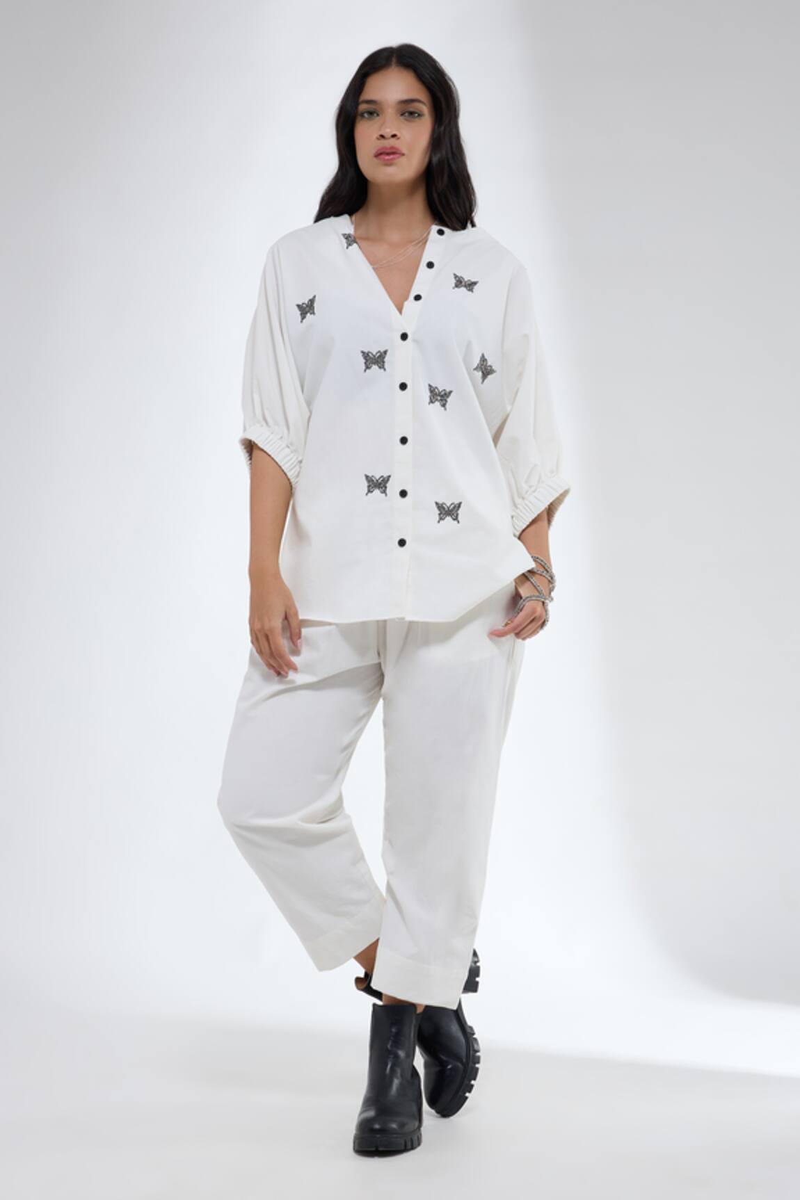 Krati Jain Butterfly Motif Denim Shirt & Pant Set 