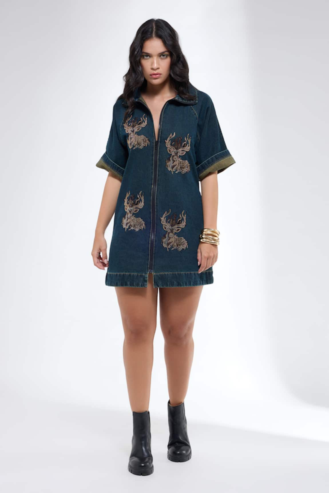 Krati Jain Teal Denim Zip Shift Dress 