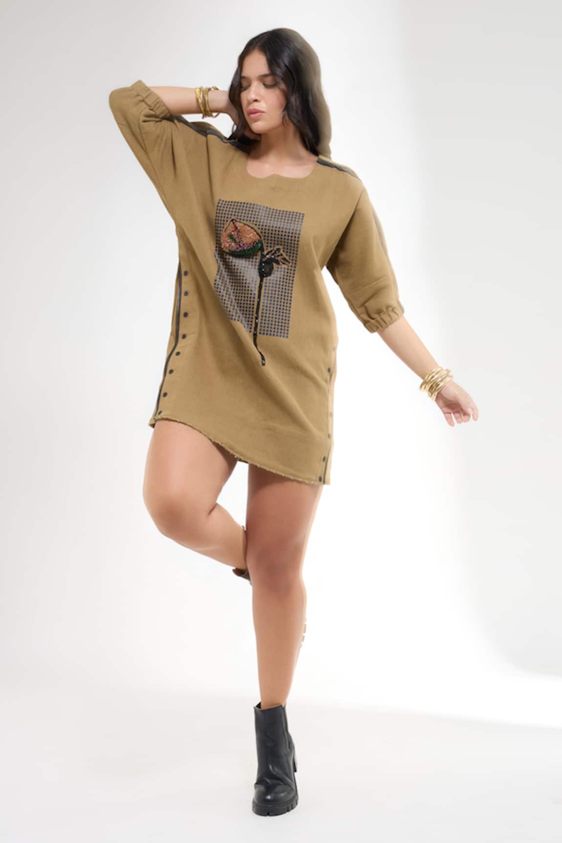 Krati Jain Khaki Denim Shift Dress 