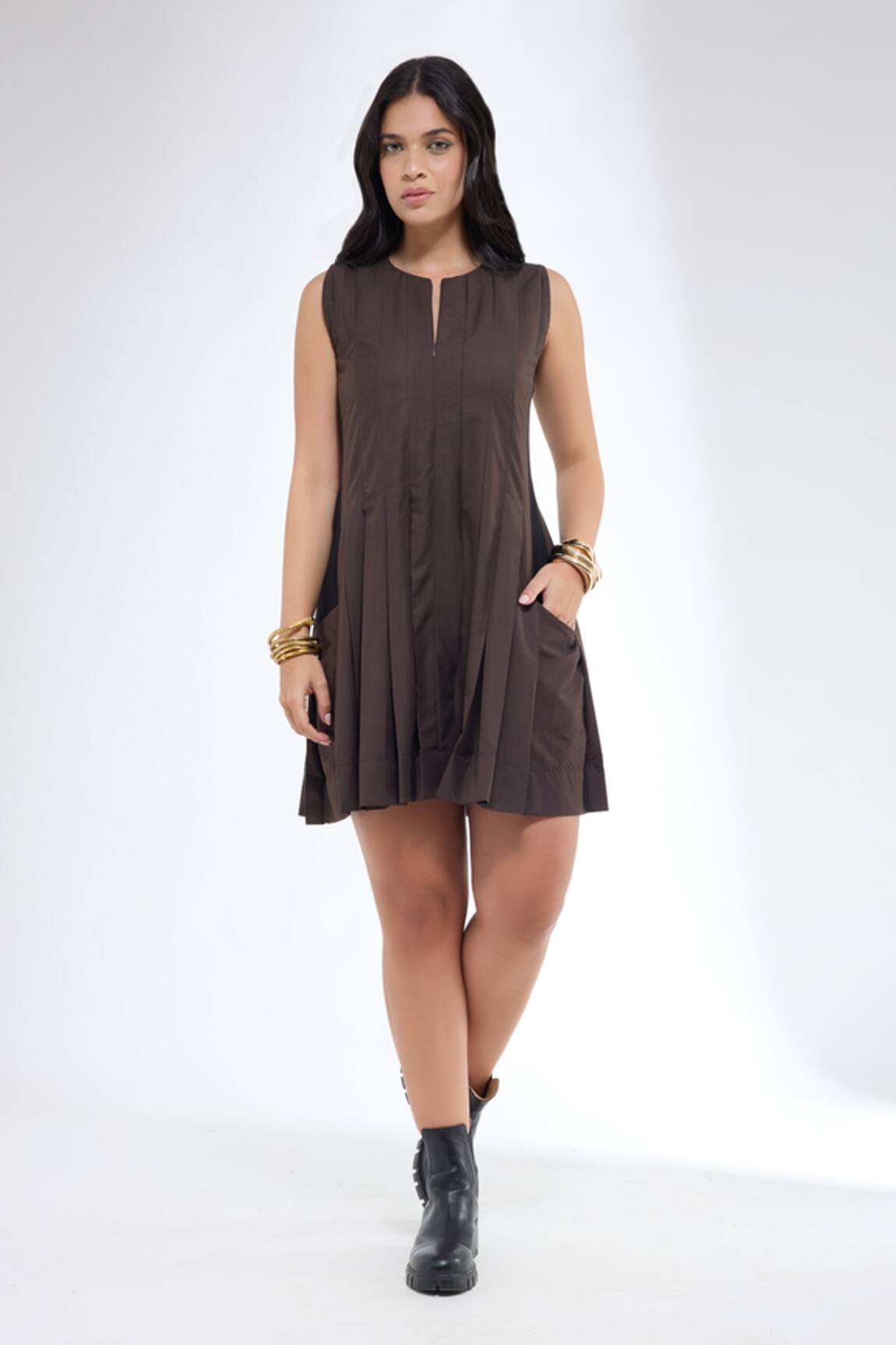 Krati Jain Brown Pleated Sleeveless Tennis Dress 