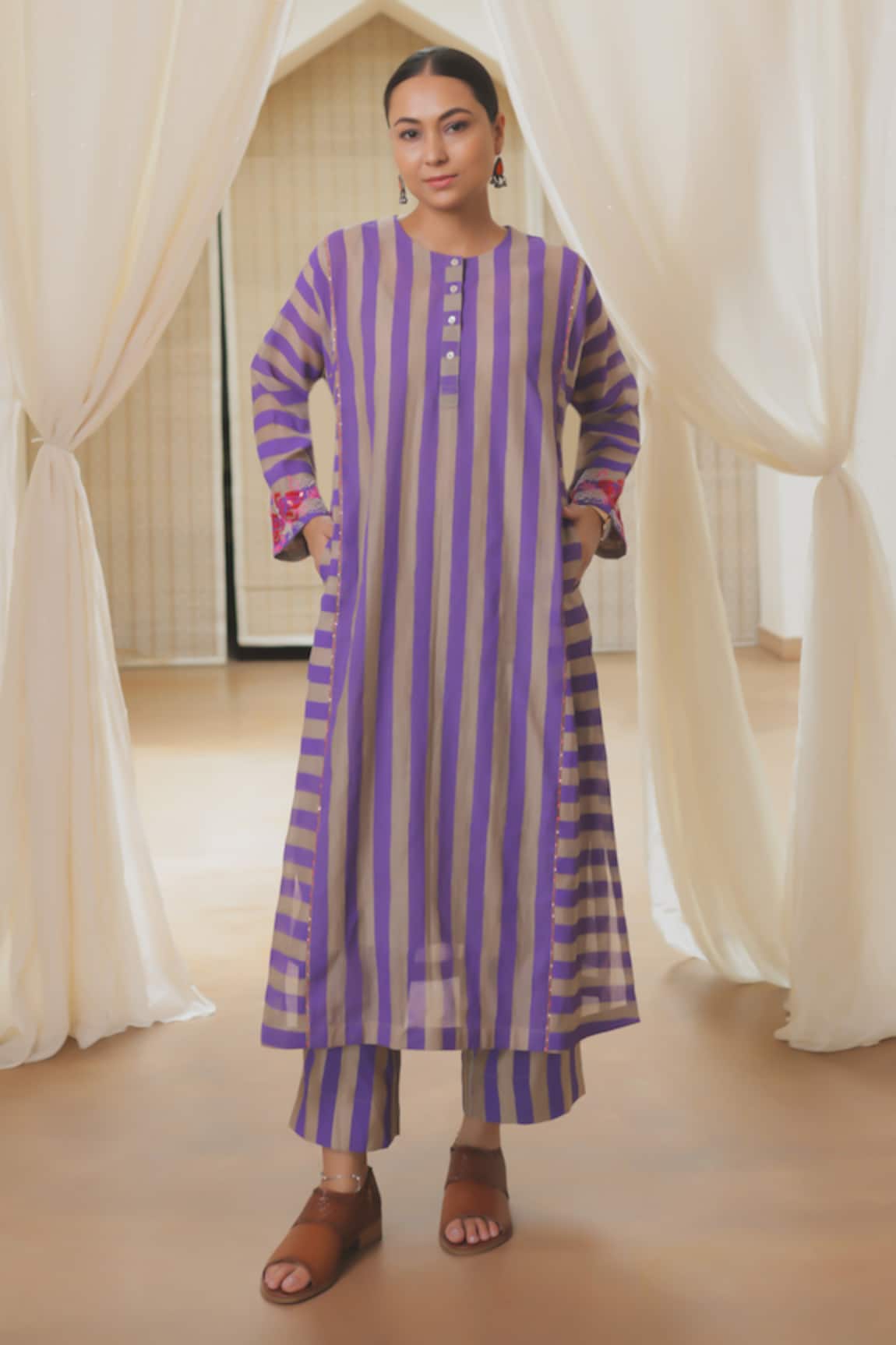 Rekha Agra Purple Striped Chanderi Kurta Set 