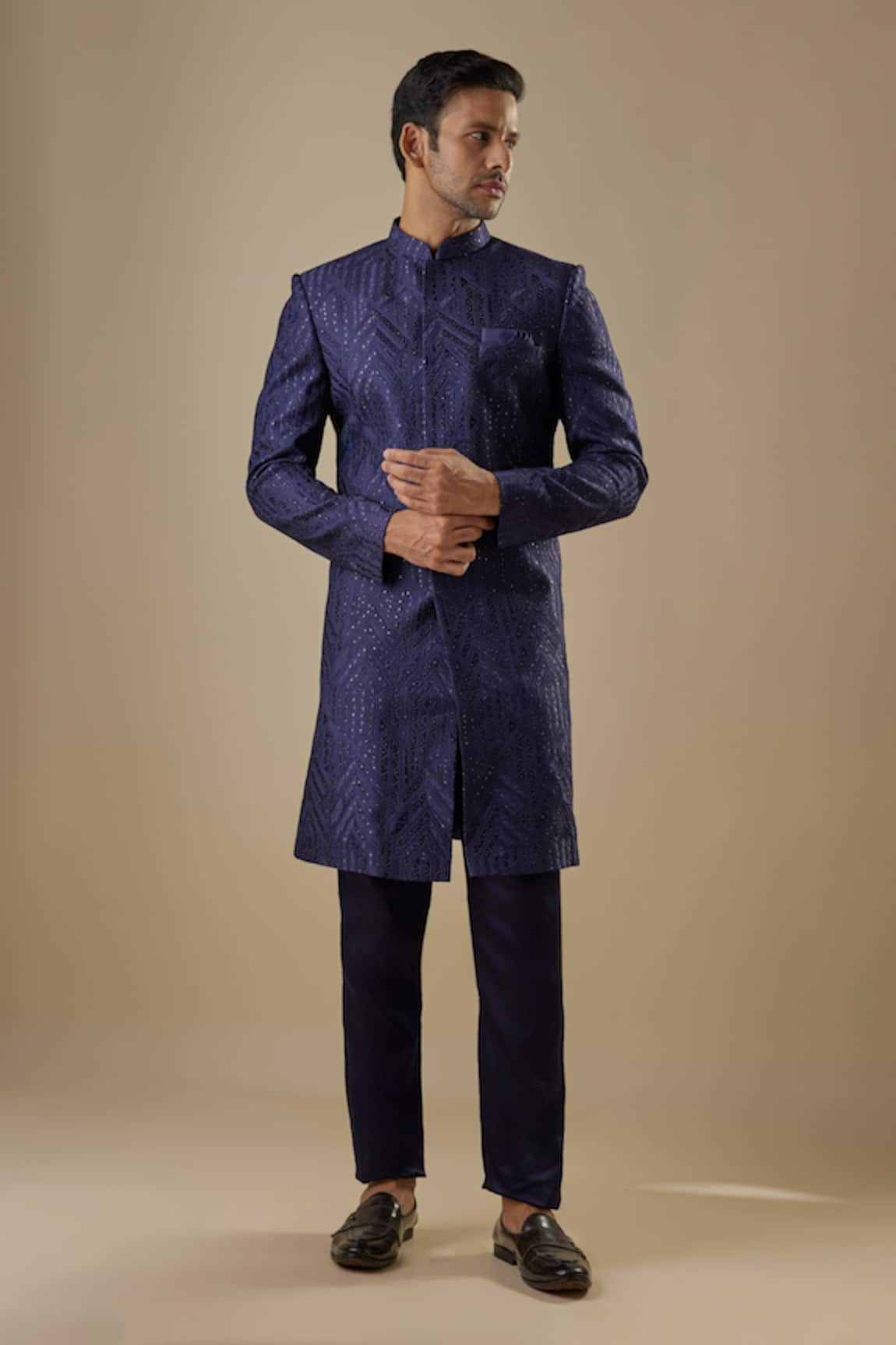 Spring Break Navy Blue Geometric Embroidered Sherwani Set 