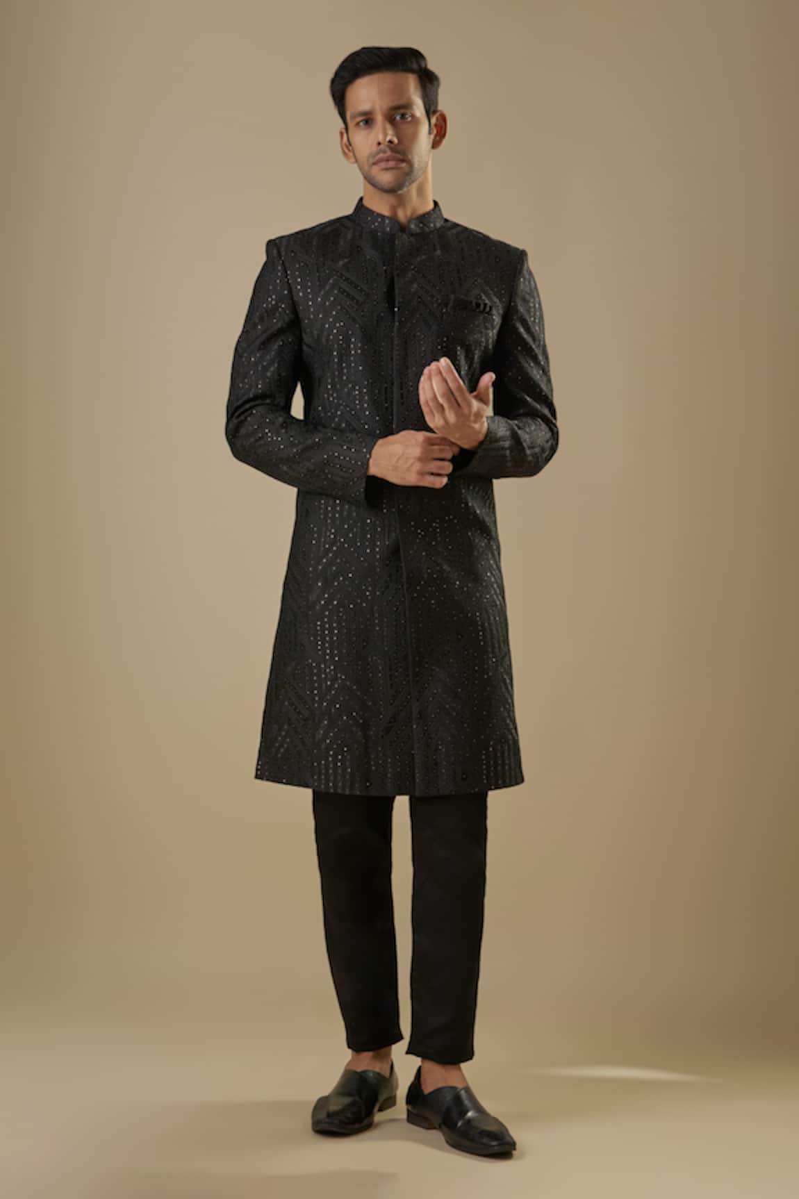 Spring Break Black Geometric Embroidered Sherwani Set 