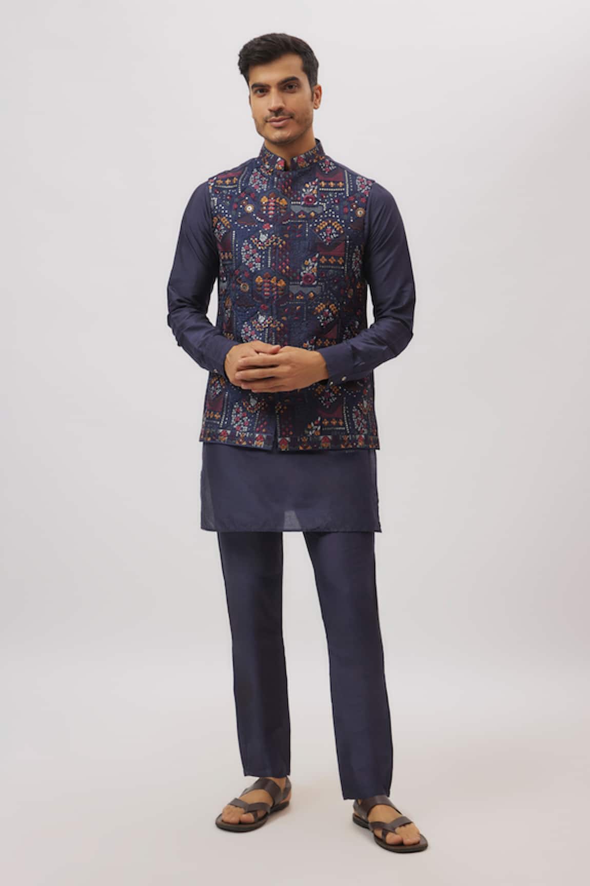 Spring Break Navy Blue Botanical Embroidery Nehru Jacket 