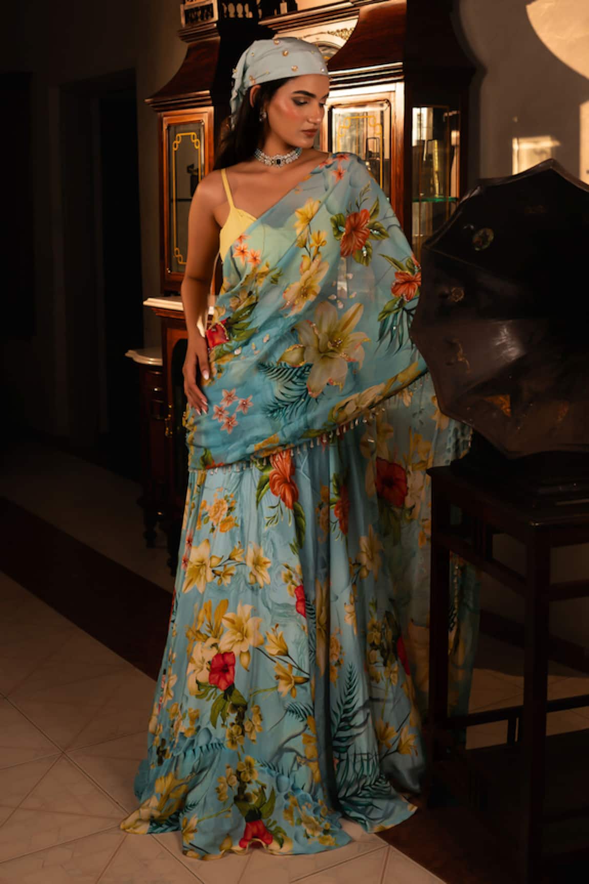 Affroz Floral Print Pre-Draped Lehenga Saree Set 