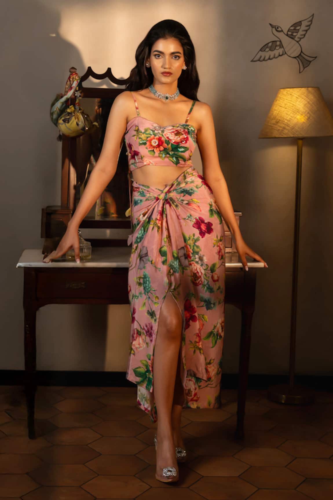Affroz Floral Hand Embroidered Skirt & Bustier Set 